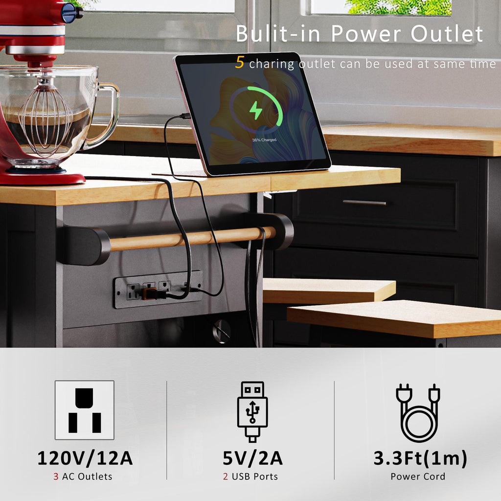 Kitchen Island with Internal Rack, Drop Leaf, Power Outlet, Rolling Cart with Adjustable Shelves and Drawers, 50" L x 29.5" W x 36.5" H, Black