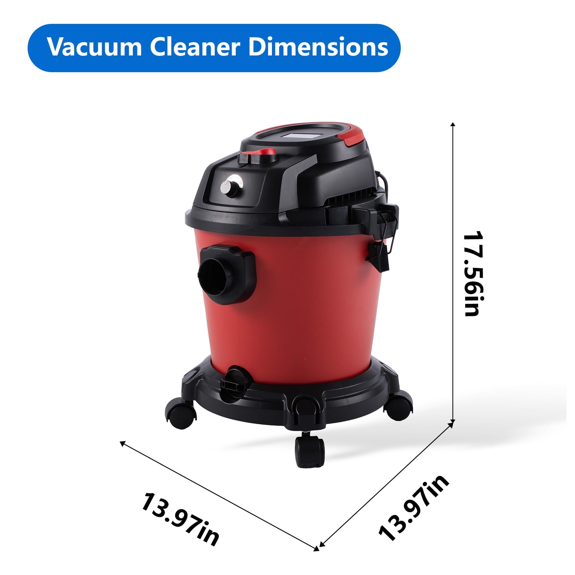 5-Gallon Wet/Dry Shop Vacuum with Stepless Speed Control, 3-In-1 Cleaner with Tower-Buckle Lock, 14″ L x 14″ W x 17.5″ H, Black+Red