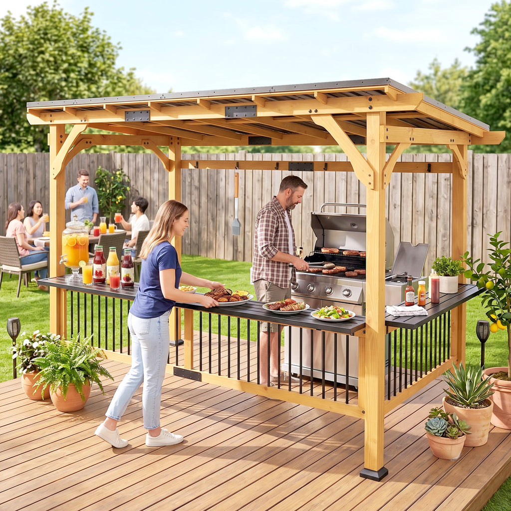 13' x 6' Wooden BBQ Grill Gazebo, Outdoor Hardtop Grill Gazebo with Metal Roof, 2 Bar Shelves and 6 Hooks, Natural