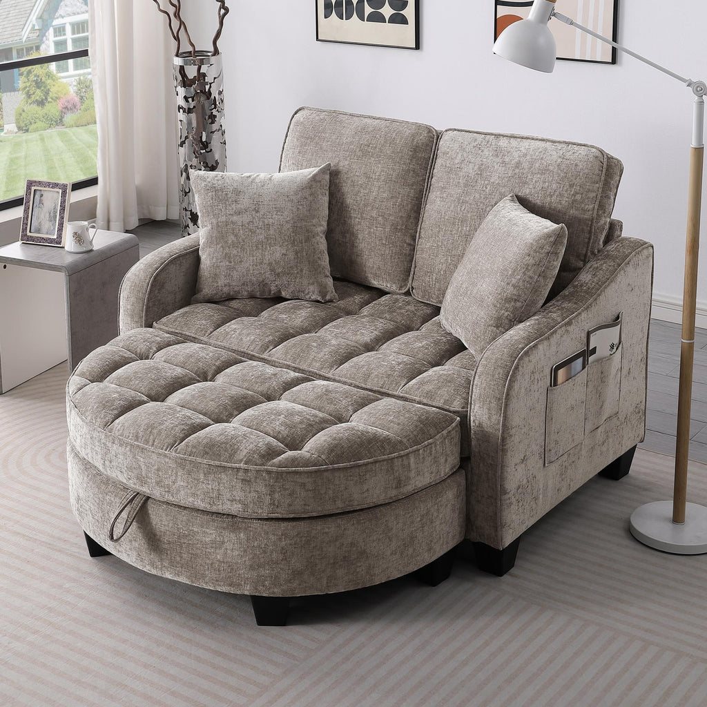 2-Seater Sofa Chaise Lounge with Irregular Curved Armrests, Ergonomic Backrest, Footrest with 2 Throw Pillows, 42.5" L x 32.5" W x 36.5" H, Brown