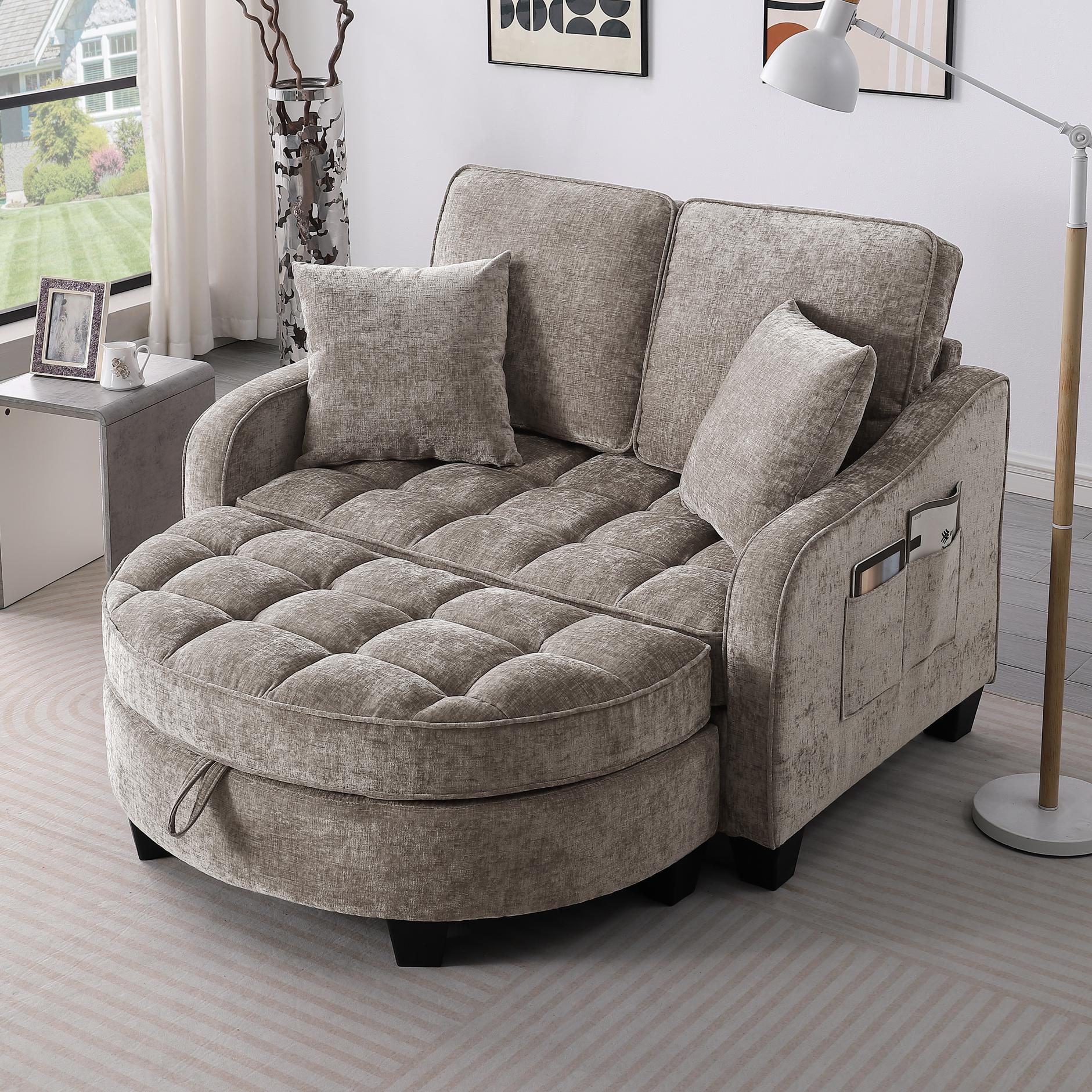2-Seater Sofa Chaise Lounge with Irregular Curved Armrests, Ergonomic Backrest, Footrest with 2 Throw Pillows, 42.5" L x 32.5" W x 36.5" H, Brown
