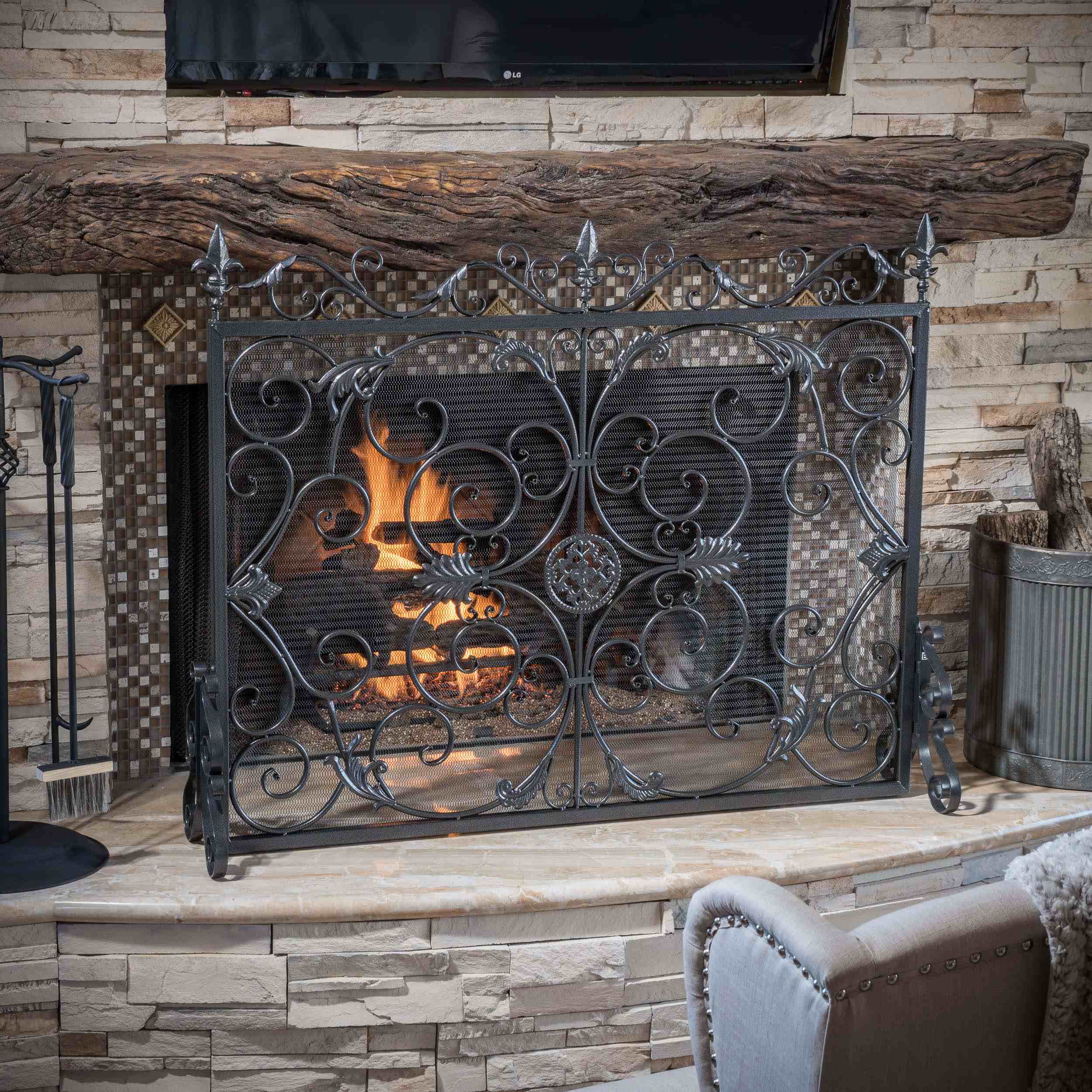 Traditional Fireplace Screen with Victorian Inspired Design, Wrought Iron with Ornate Detailing, 44.5" L x 9.75" W x 35" H, Black+Silver
