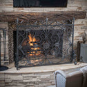 Traditional Fireplace Screen with Victorian Inspired Design, Wrought Iron with Ornate Detailing, 44.5" L x 9.75" W x 35" H, Black+Silver