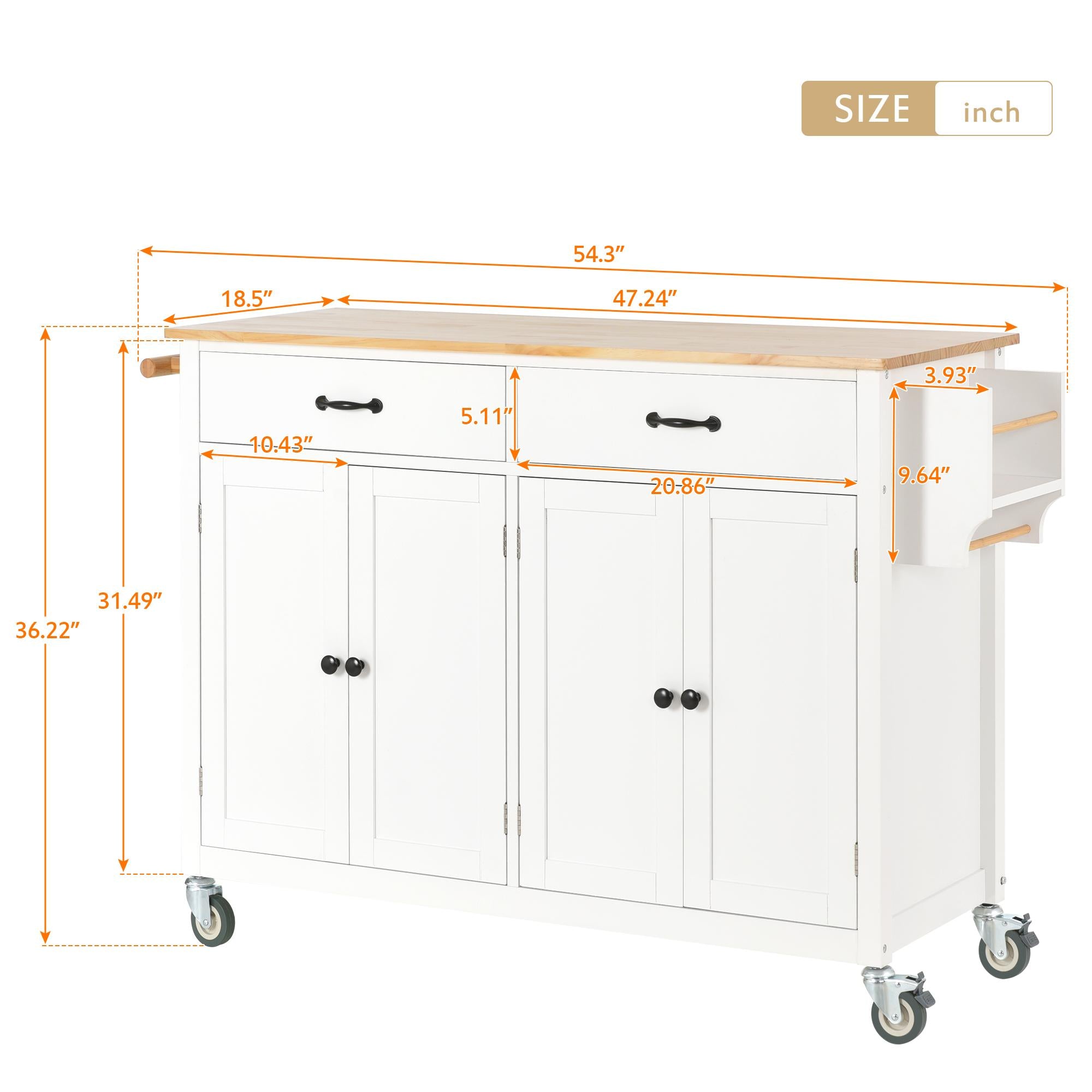 Kitchen Island Cart with 4-Door Cabinet, 2 Drawers, Solid Wood Top, Spice and Towel Racks, Locking Wheels, 54.5" L x 18.5" W x 36" H, White