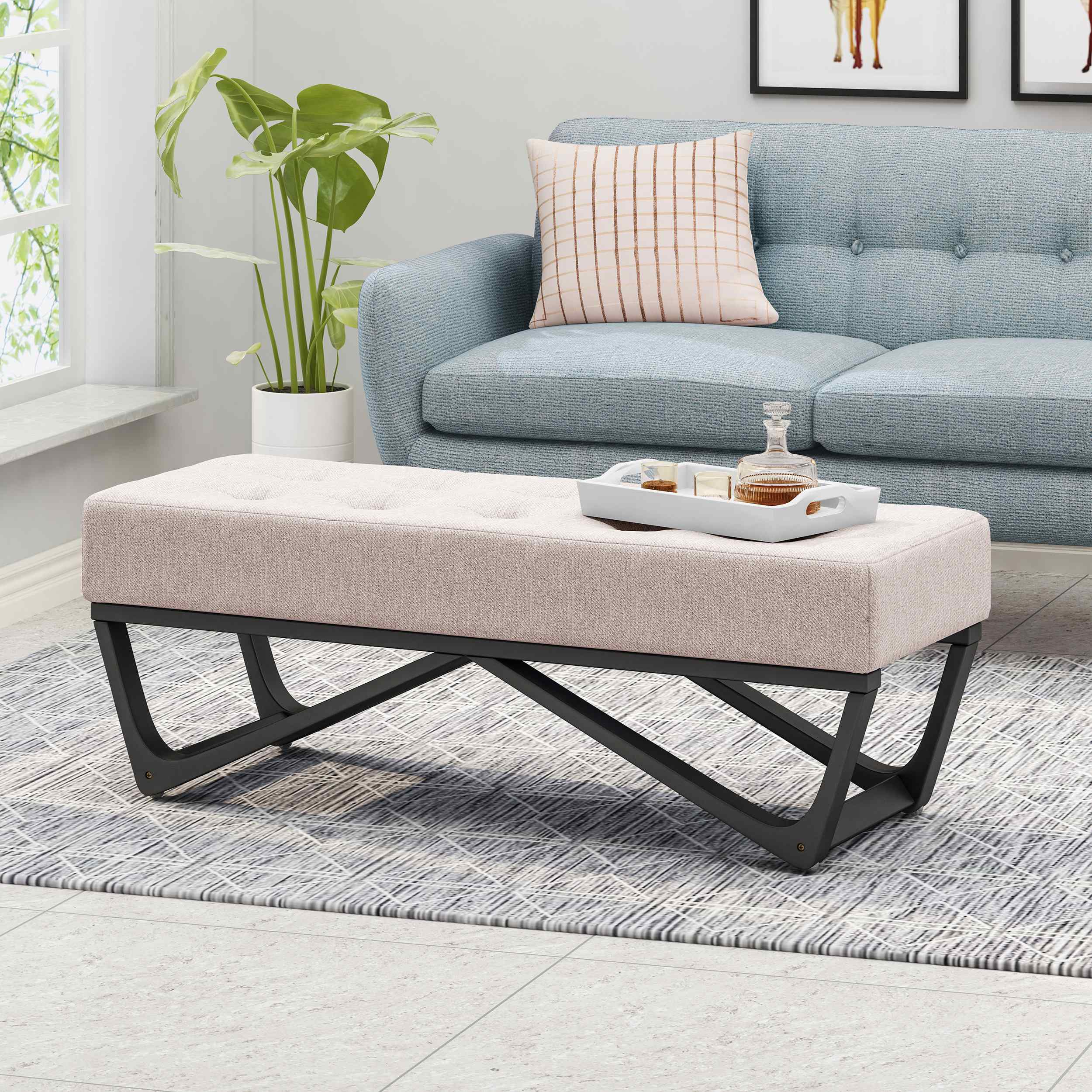 Ottoman with Cushioned Top, Sturdy Frame, and Space-Saving Design, 47.25" L x 17.5" W x 16.5" H, Beige