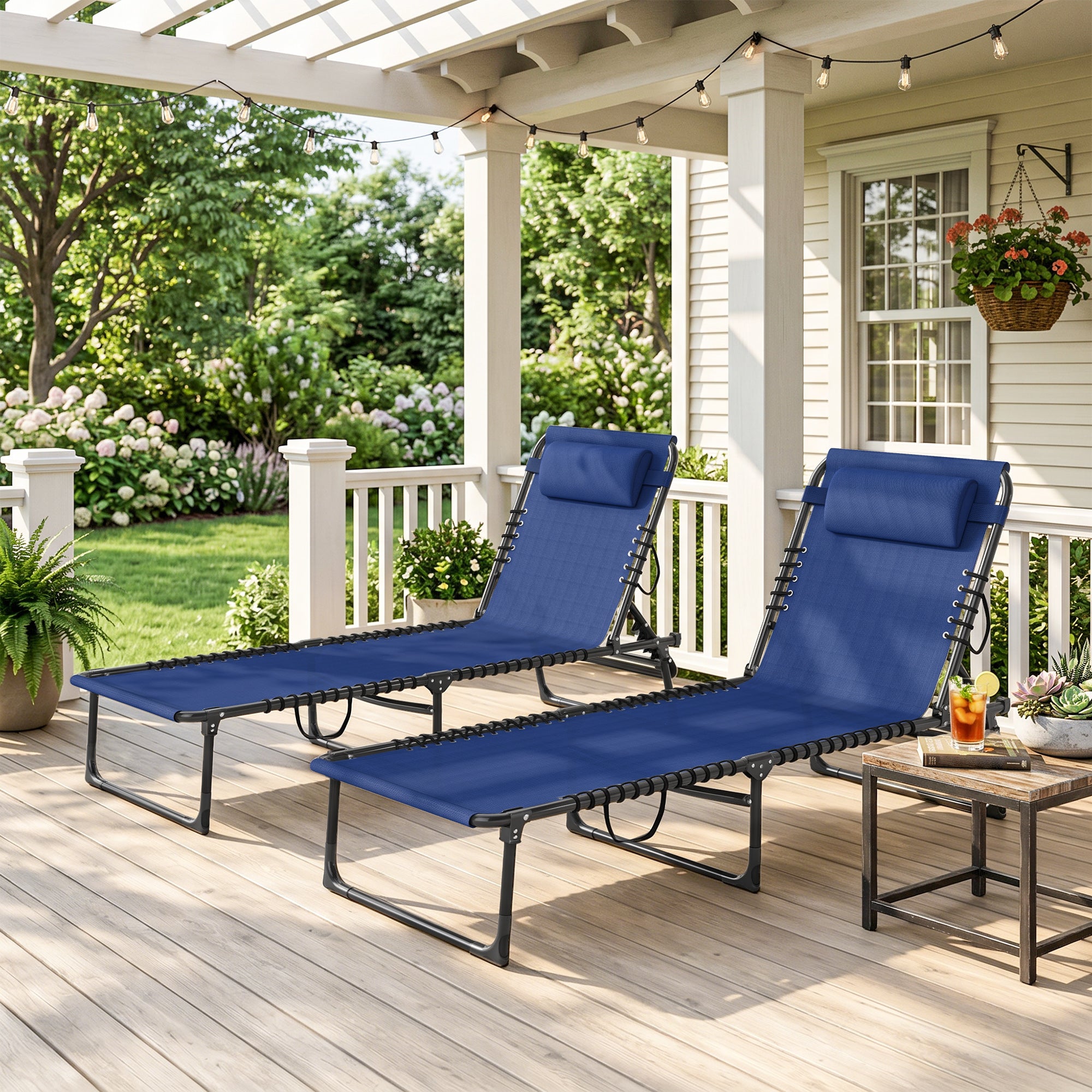 2 Folding Chaise Lounge Pool Chairs with 4-Position Reclining Back, Pillow, Breathable Mesh & Bungee Seat, Blue