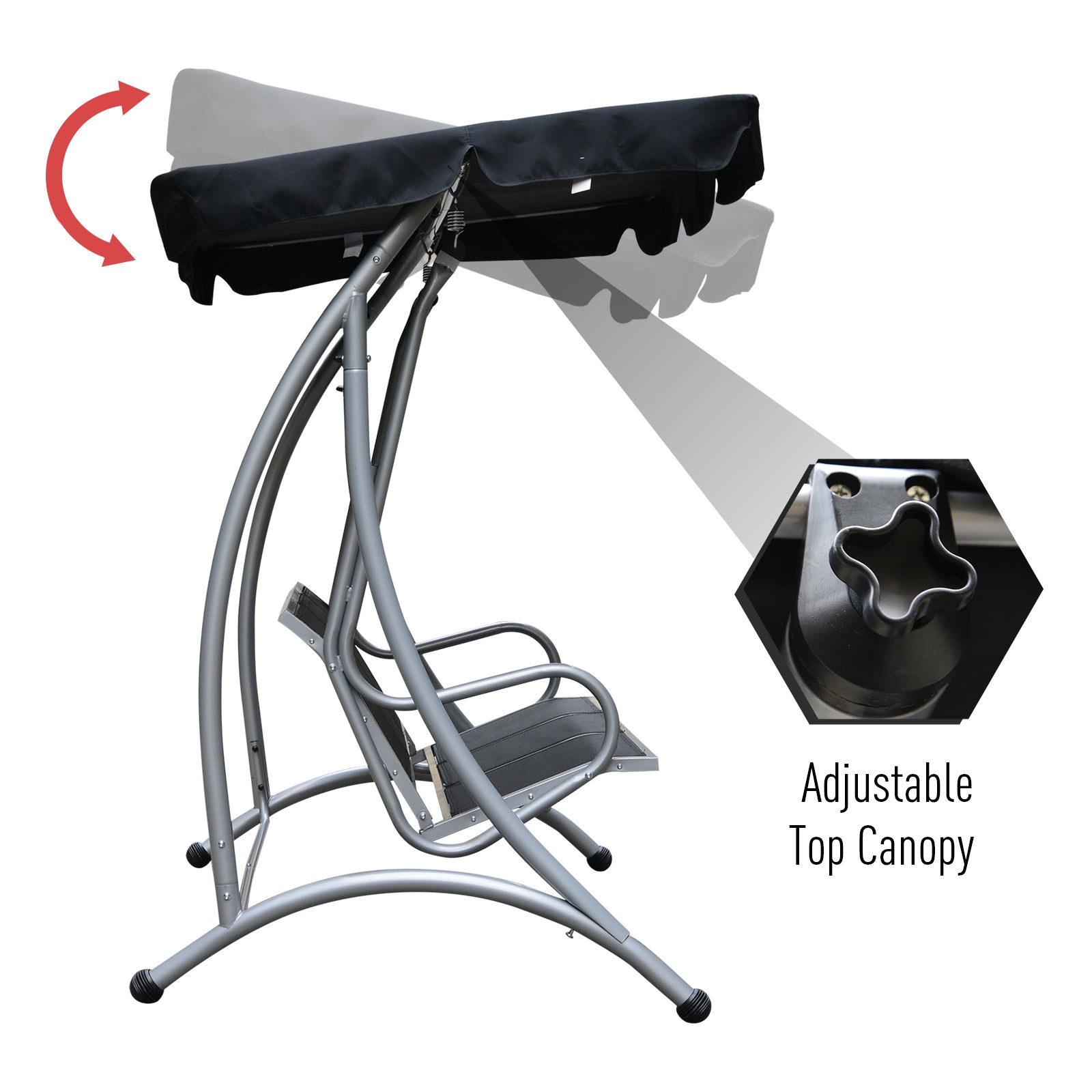 3-Seat Outdoor Porch Swing Chair, Patio Swing Glider with Adjustable Canopy, Breathable Seat, and Steel Frame for Garden, Poolside, Backyard, Black