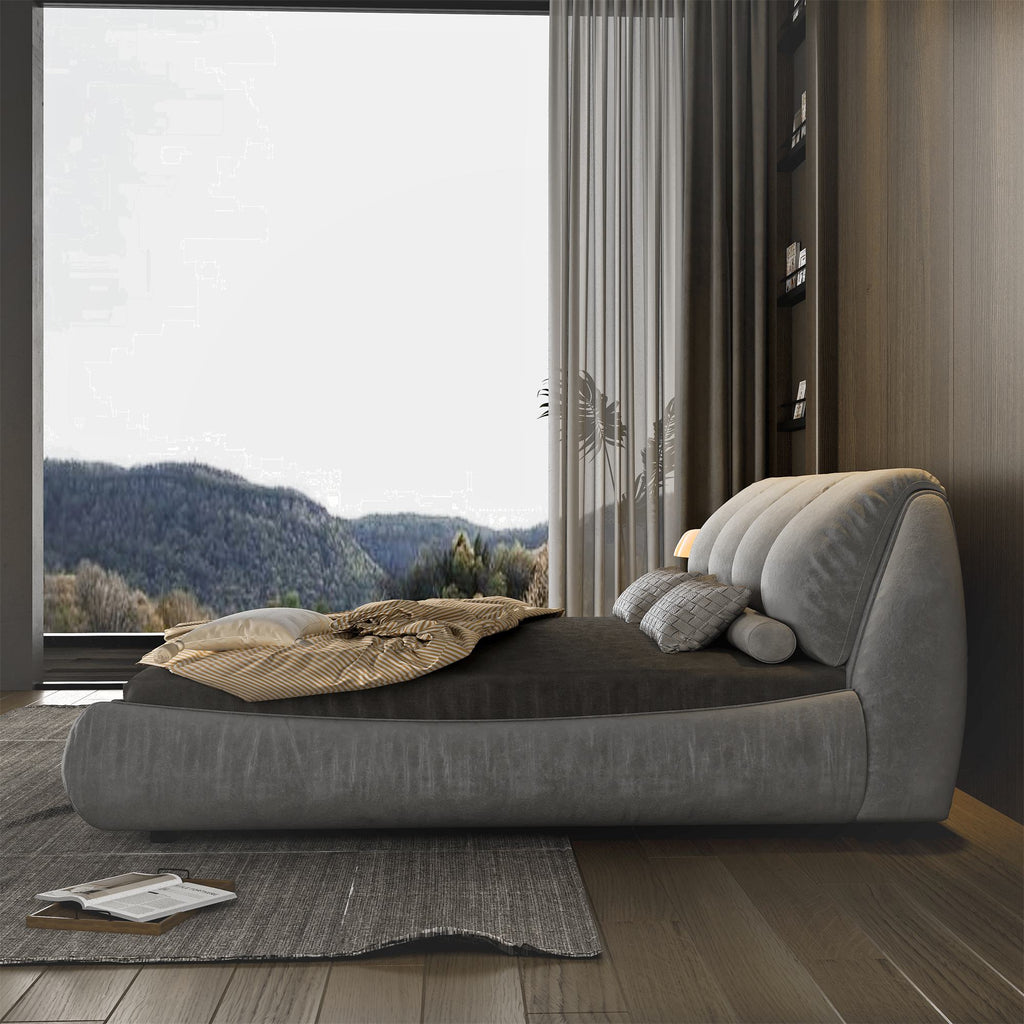 King Size Upholstered Bed with Oversized Padded Backrest, Solid Wood Frame, Adjustable Mattress Heights, 96.5" L x 86" W x 43.5" H, Gray