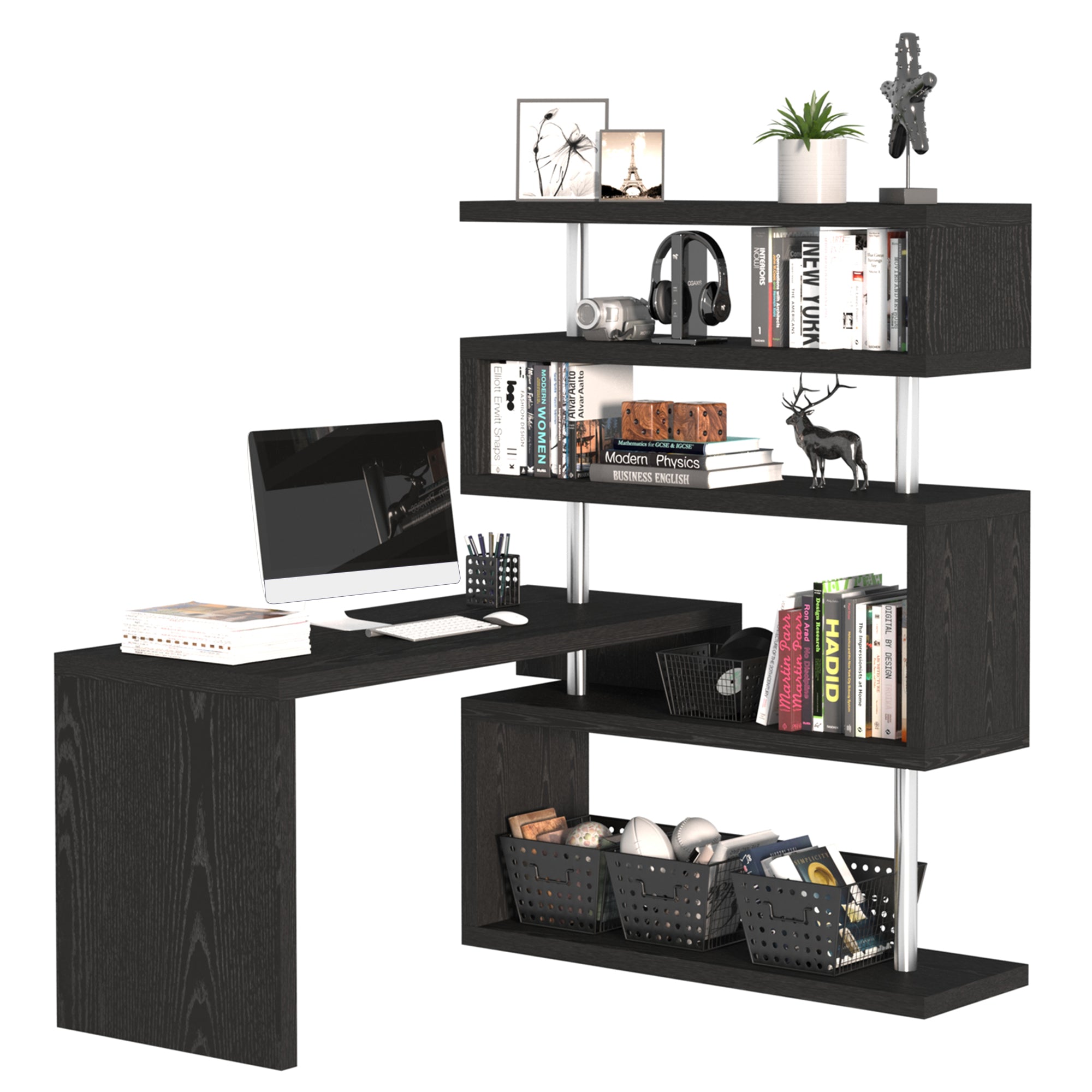 94" 5 Tier L-Shaped Computer Desk Rotating Writing Table Corner Desk with Display Shelves and Stainless Steel Frame, Black