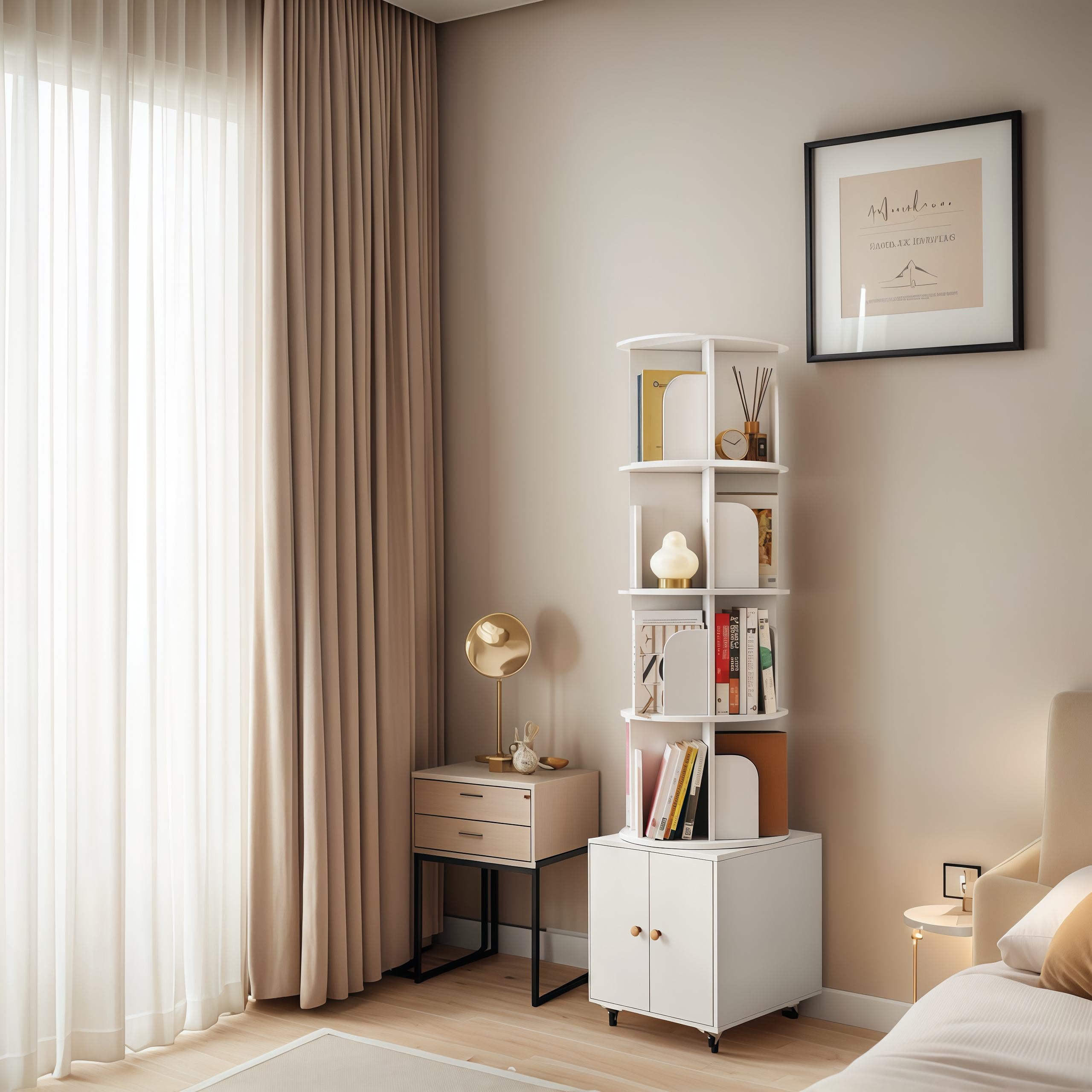 Rotating Bookshelf with Drawer and 360-Degree Display, Book Shelf Organizer for Bedroom, Living Room, 18" L x 18" W x 70" H, White