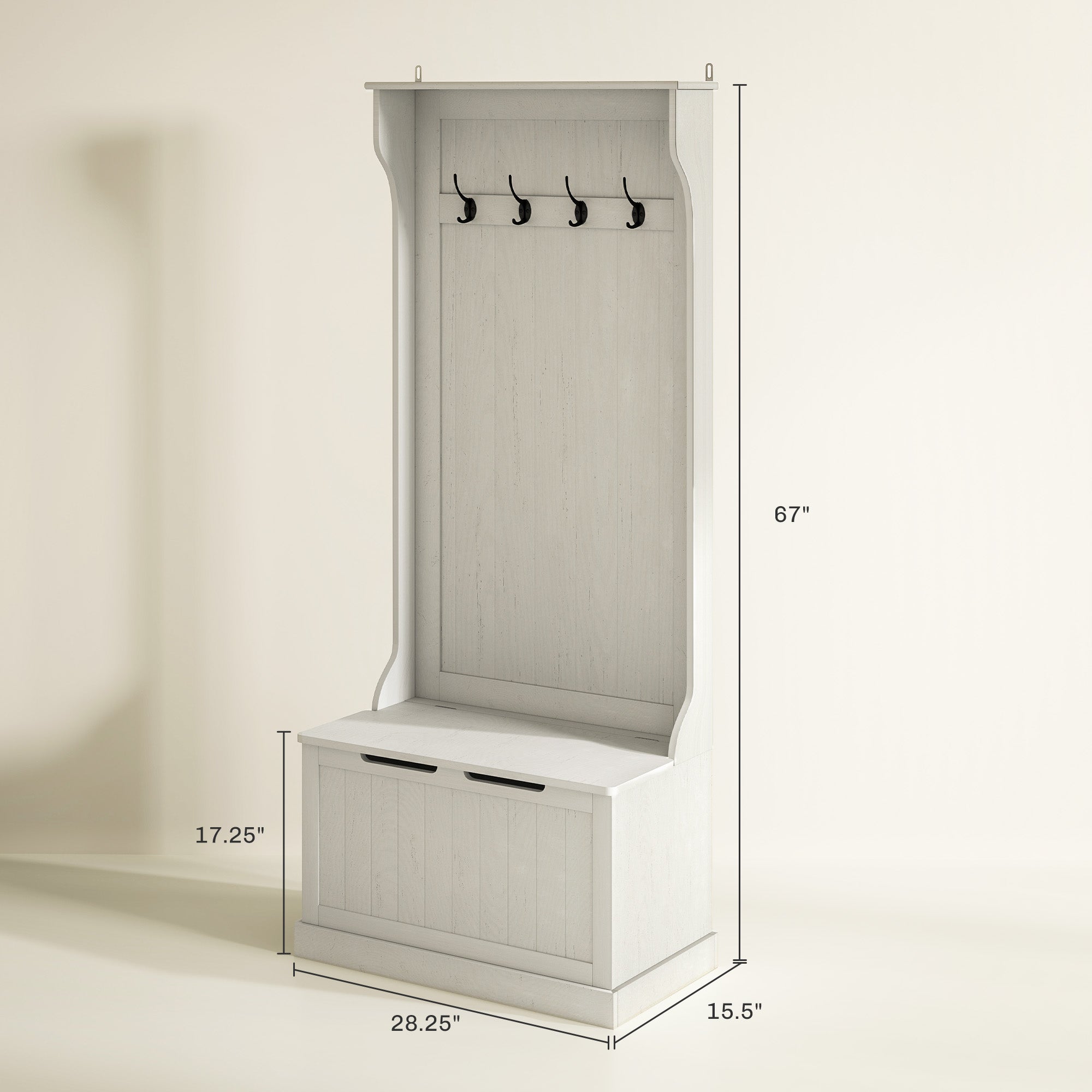 Hall Tree with Coat Rack, Storage, and Sitting Bench, Cream White