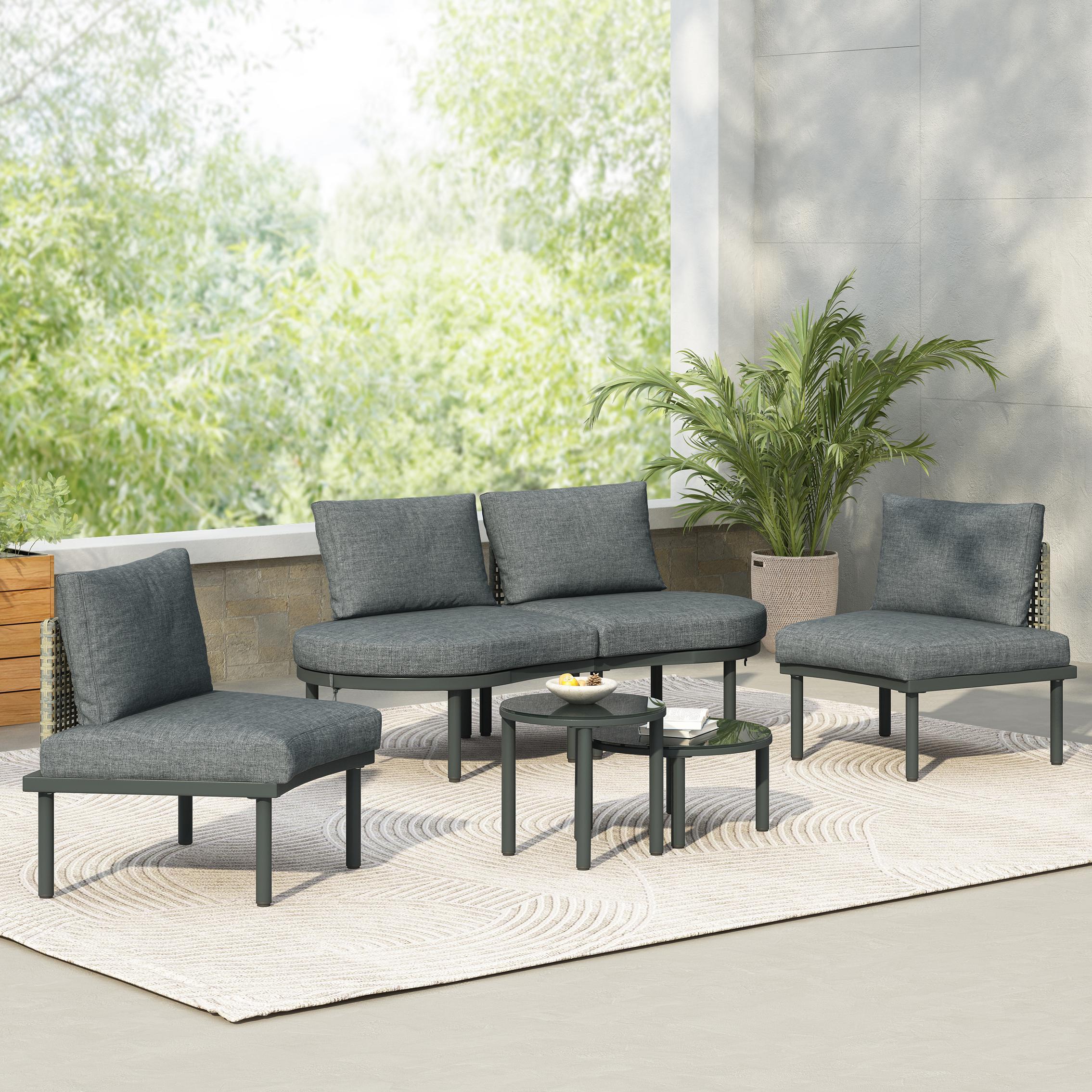 6-Piece Half Moon Sectional Sofa with 2 Coffee Table & Cushions, Modular Wicker Conversation Set for Patio, 34.5'' L x 25.5'' W x 12.5'' H, Gray