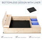 Kids Wooden Sandbox w/ Two Plastic Boxes Foldable Bench Seat Waterproof Cover Bottom Liner Storage Space