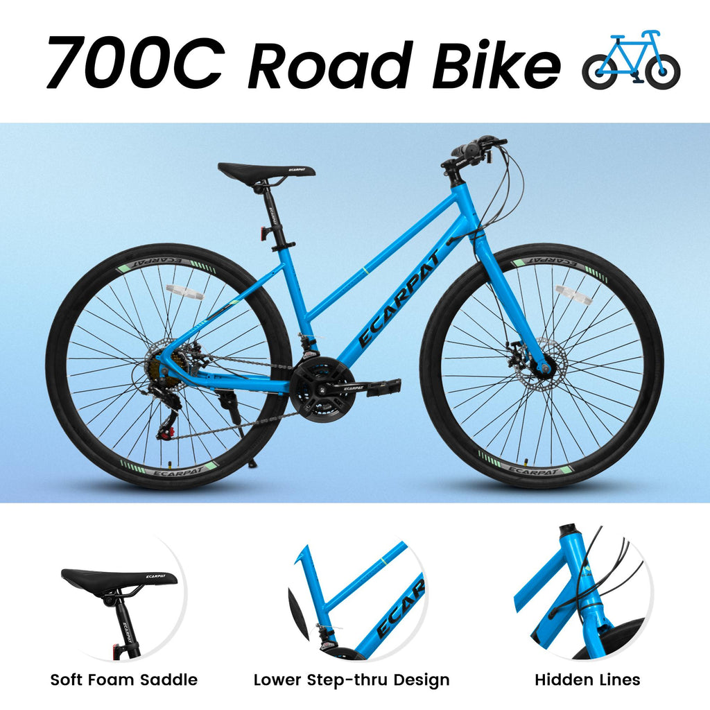 21-Speed 700C Wheels Hybrid Road Bike for Adults, Steel Frame with Dual-Disc Brakes, 85% Pre-Assembled, 68" L x 27.5" W x 37.5" H, Black+Blue