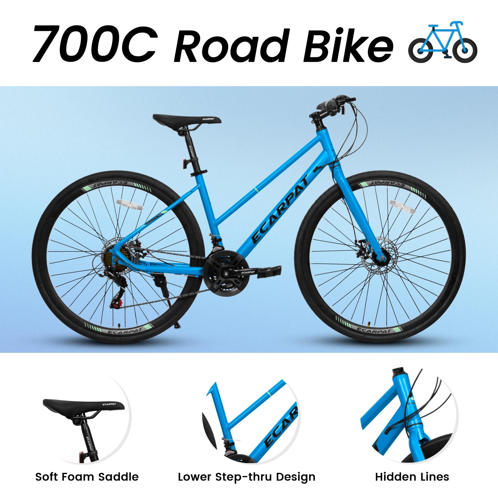 21-Speed 700C Wheels Hybrid Road Bike for Adults, Steel Frame with Dual-Disc Brakes, 85% Pre-Assembled, 68" L x 27.5" W x 37.5" H, Black+Blue