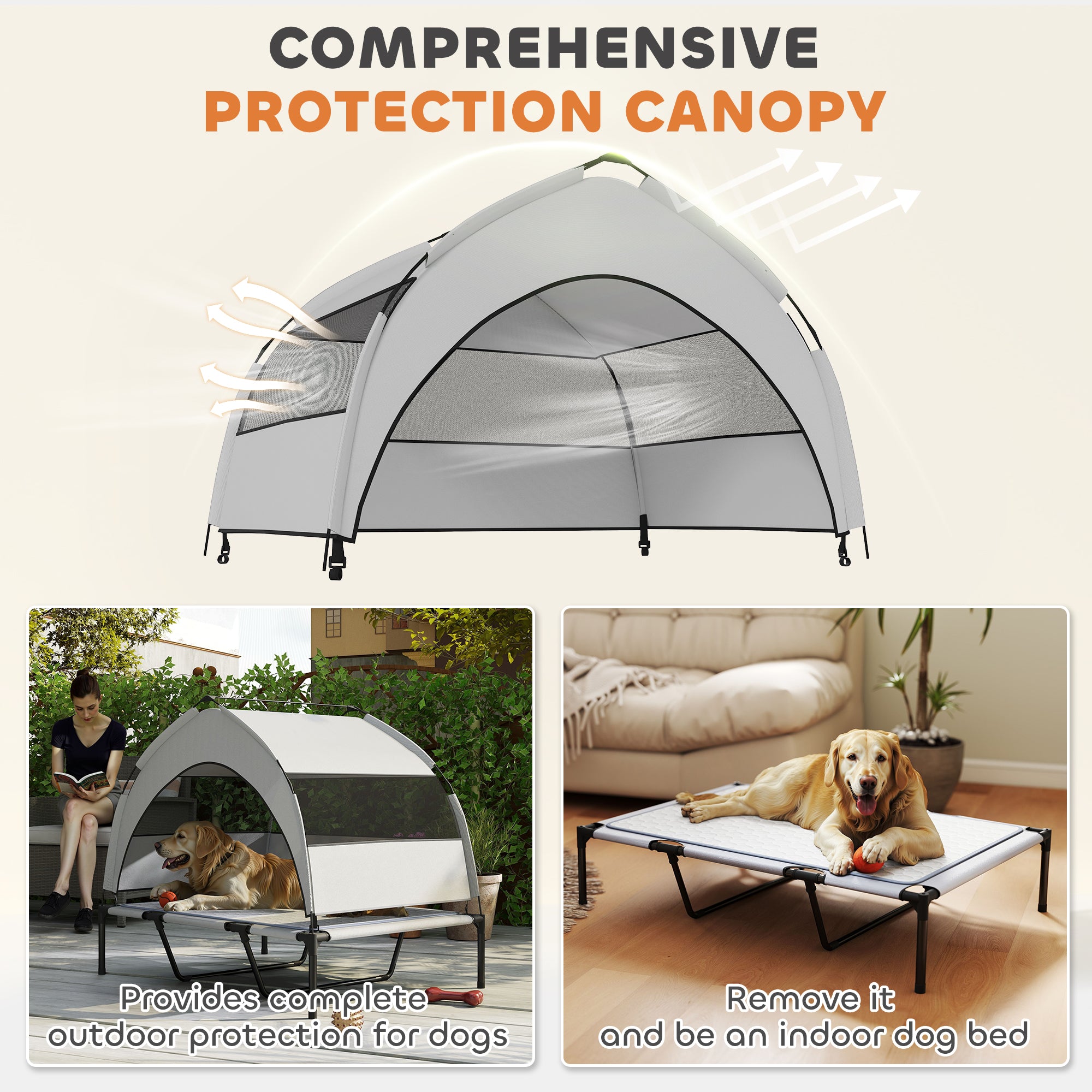Elevated Dog Bed with Removable Canopy, Portable Outside Raised Pet Cot with Cooling Pad, Storage Bag, 42" x 30" x 37"