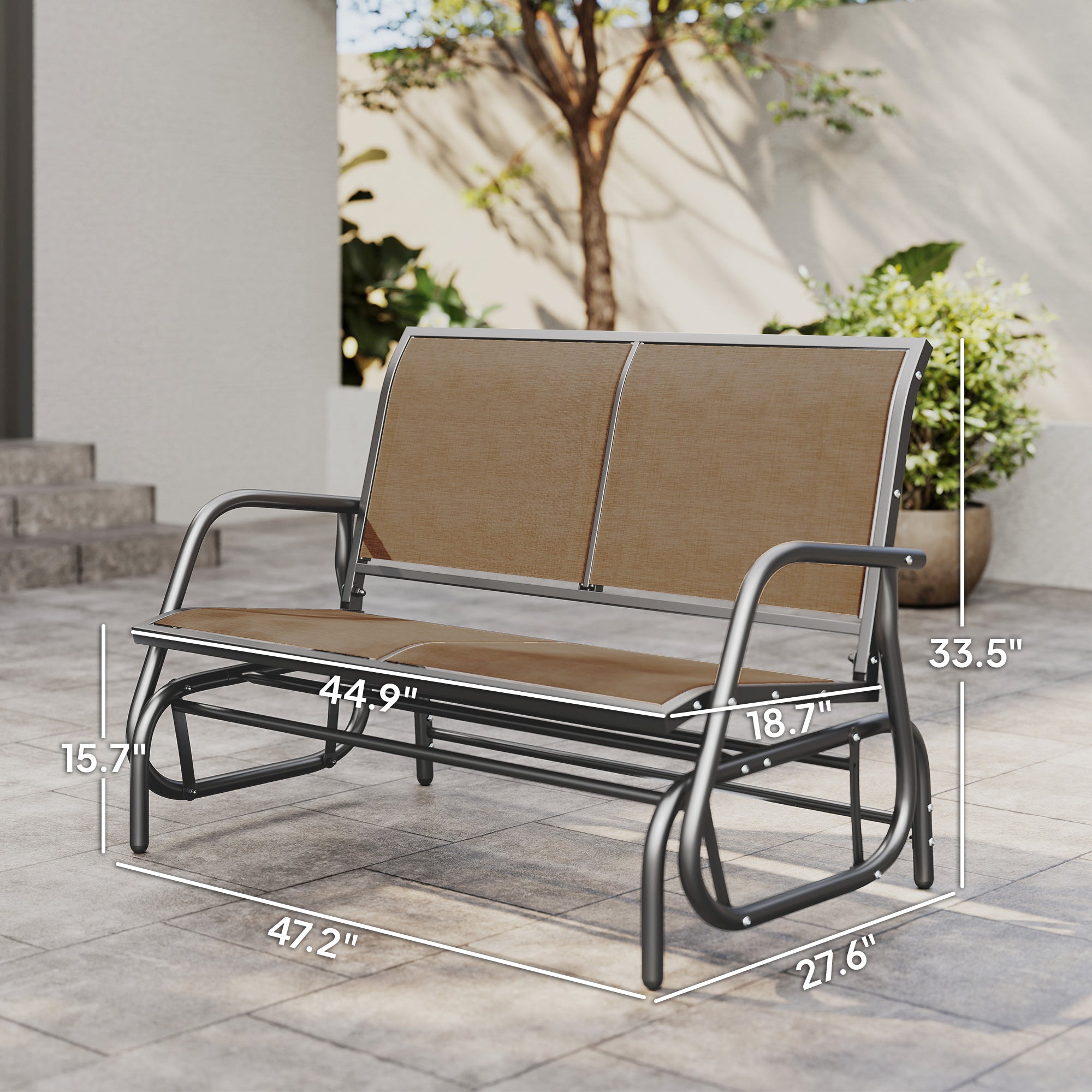 2-Person Outdoor Glider Bench, Patio Double Swing Rocking Chair Loveseat with Steel Frame, Light Mixed Brown