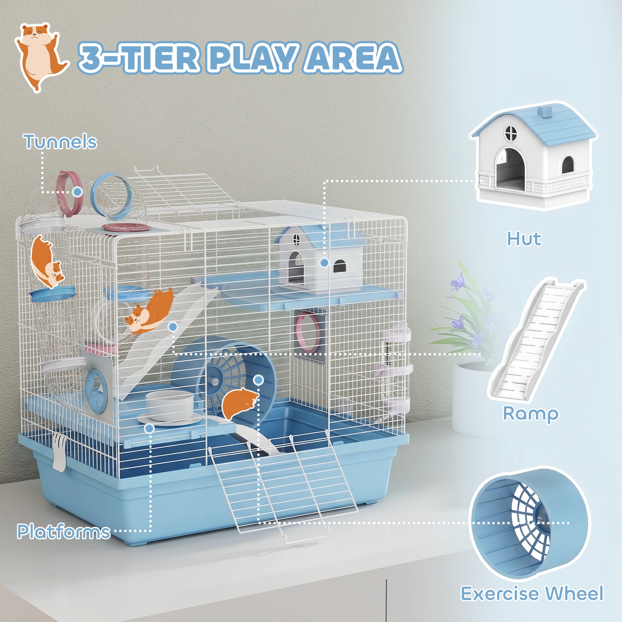 Hamster Cage, 3-Tier Small Animal Cage with Exercise Wheel, Food Bowl, Water Bottle, House, Tunnels, Ramps