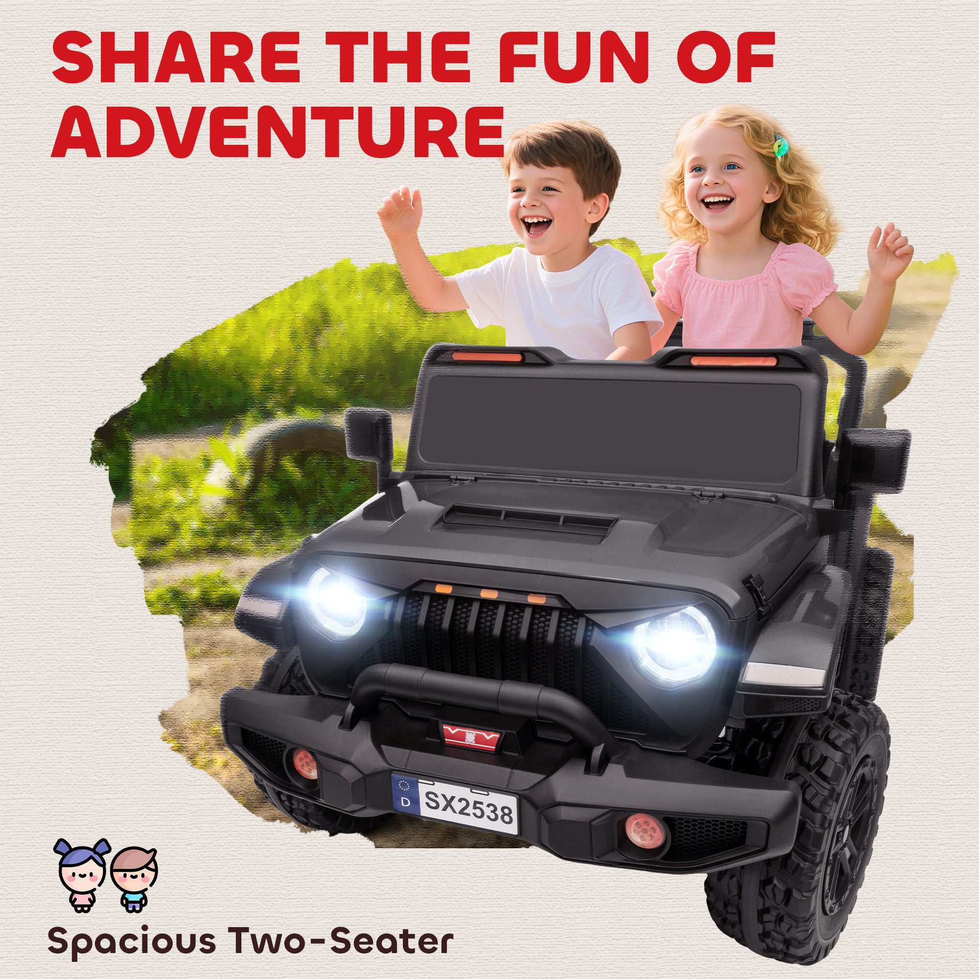 Ride on Truck Car with 2-Seater, 24V Electric Car with 4 Motors, Remote Control, Spring Suspension for 3-8 Years, Black