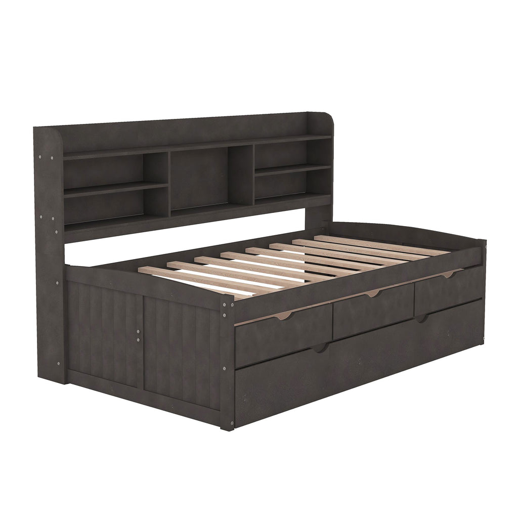 Classic Style Twin Size Wooden Captain Bed with Built-in Bookshelves, 3 Storage Drawers, and Trundle, 77.5" L x 88" W x 47" H, Antique Gray
