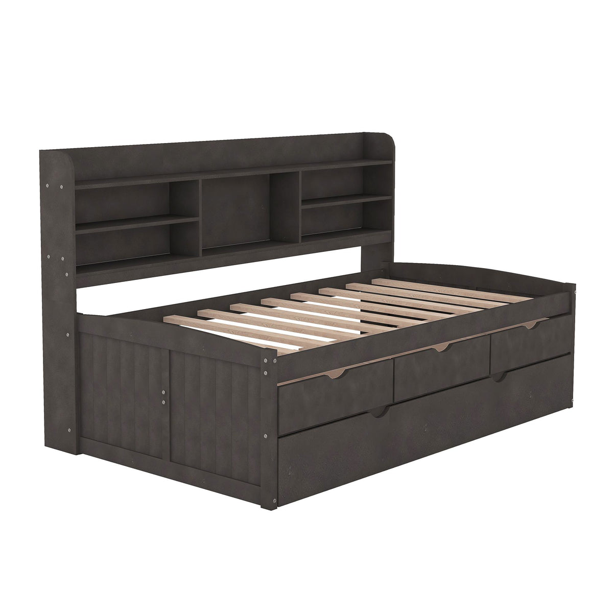 Classic Style Twin Size Wooden Captain Bed with Built-in Bookshelves, 3 Storage Drawers, and Trundle, 77.5" L x 88" W x 47" H, Antique Gray