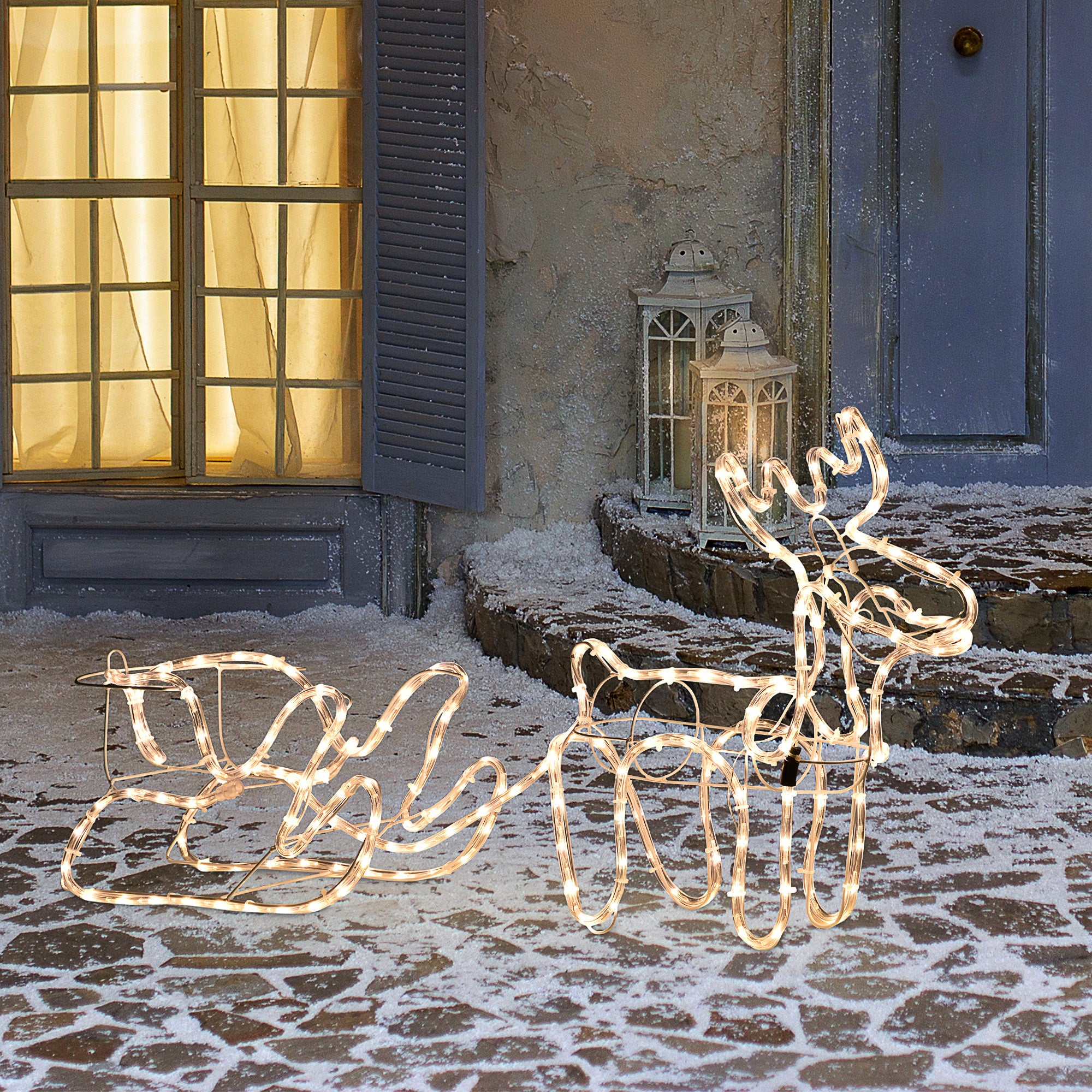 35" Christmas Reindeer and Sleigh with LED Motif Warm White Lighting, Indoor Outdoor Steel Frame Yard Decoration