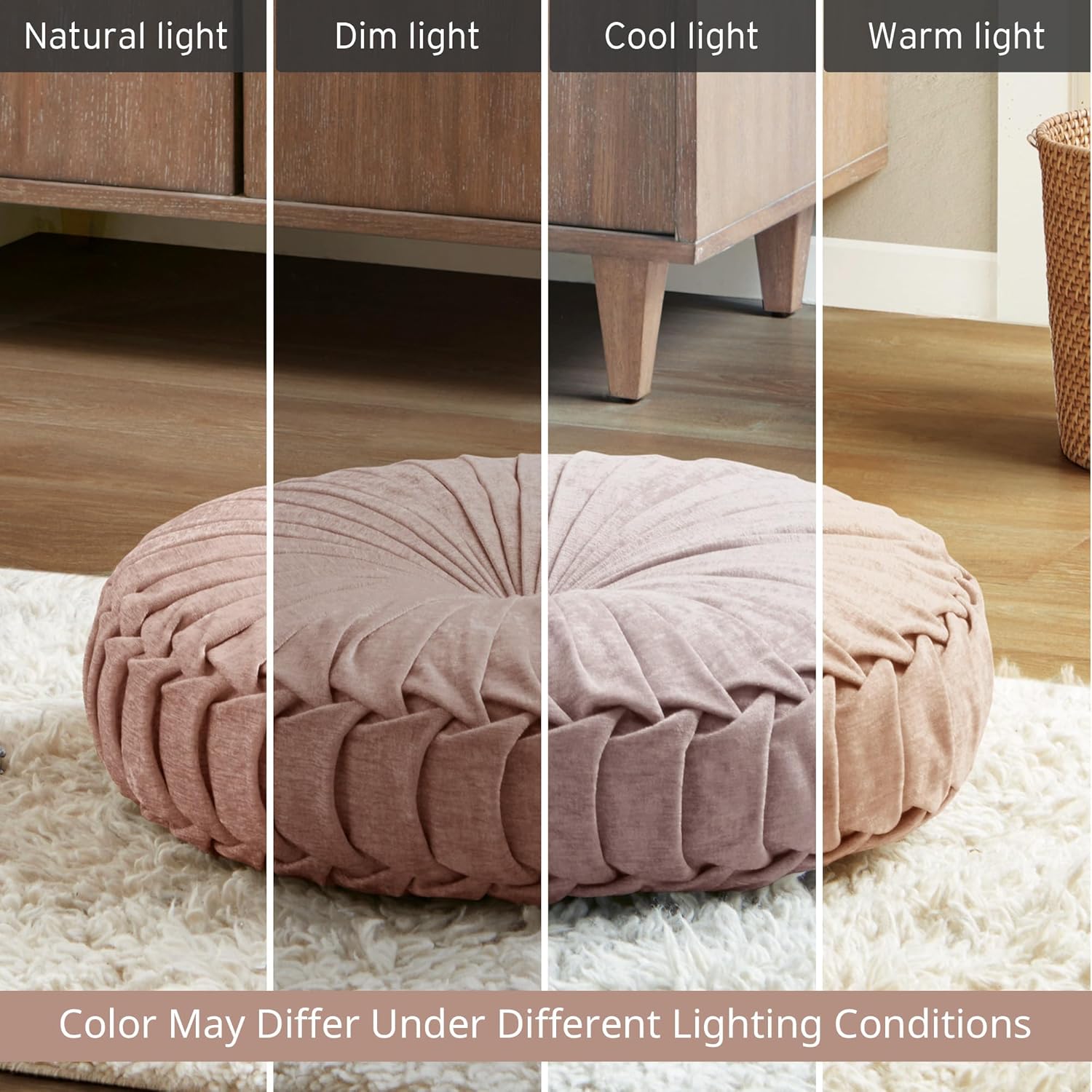 Poly Chenille Round Floor Pillow Cushion with Textured Fabric, Tufted Button Center, Pleated Detailing, 22" L x 22" W x 6" H, Blush