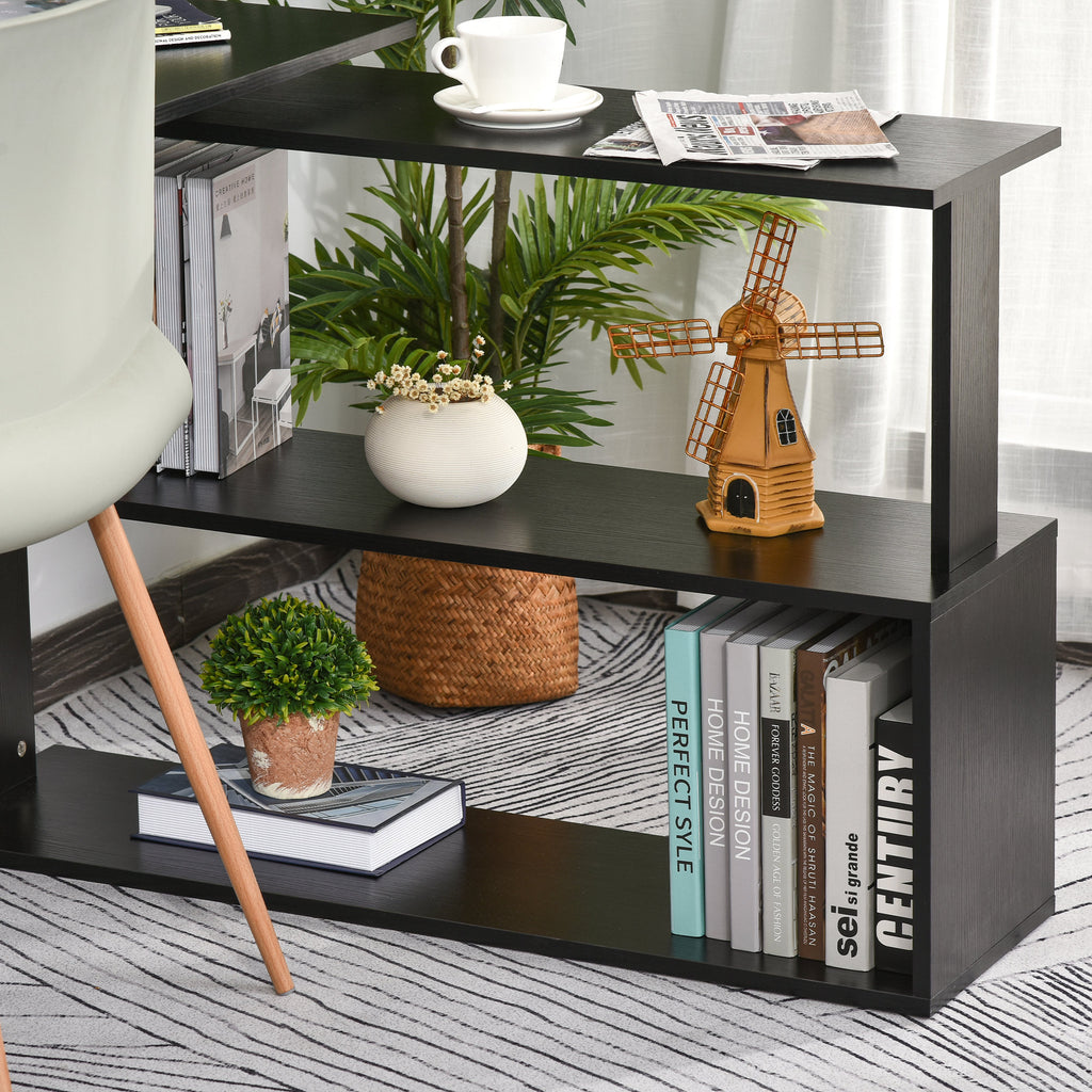 L Shaped Desk, Corner Computer Desk, 360 Degree Rotating Home Office Desk with Storage Shelves, Writing Table Workstation, Black