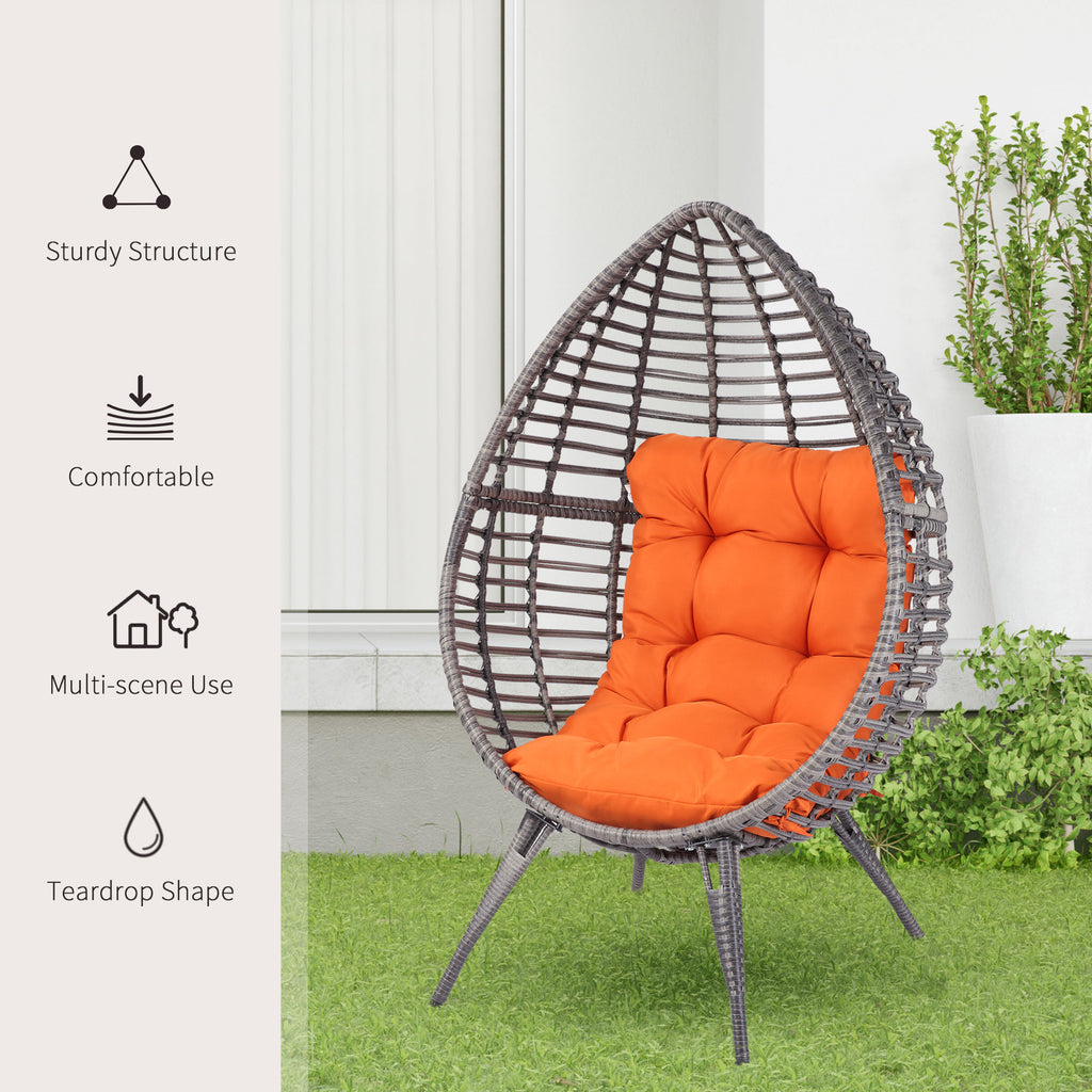 Patio Wicker Egg Chair w/ Soft Cushion, Teardrop Cuddle Seat, Outdoor / Indoor Patio Chair, PE Plastic Rattan Furniture with Adjustable Height Feet Pads, Orange