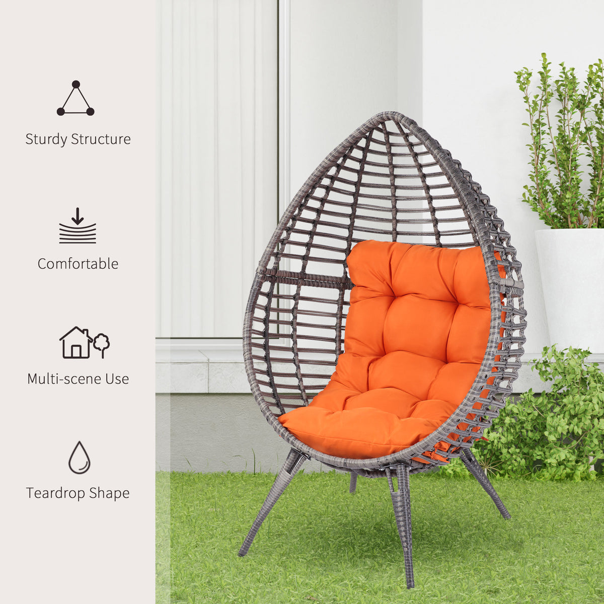 Patio Wicker Egg Chair w/ Soft Cushion, Teardrop Cuddle Seat, Outdoor / Indoor Patio Chair, PE Plastic Rattan Furniture with Adjustable Height Feet Pads, Orange