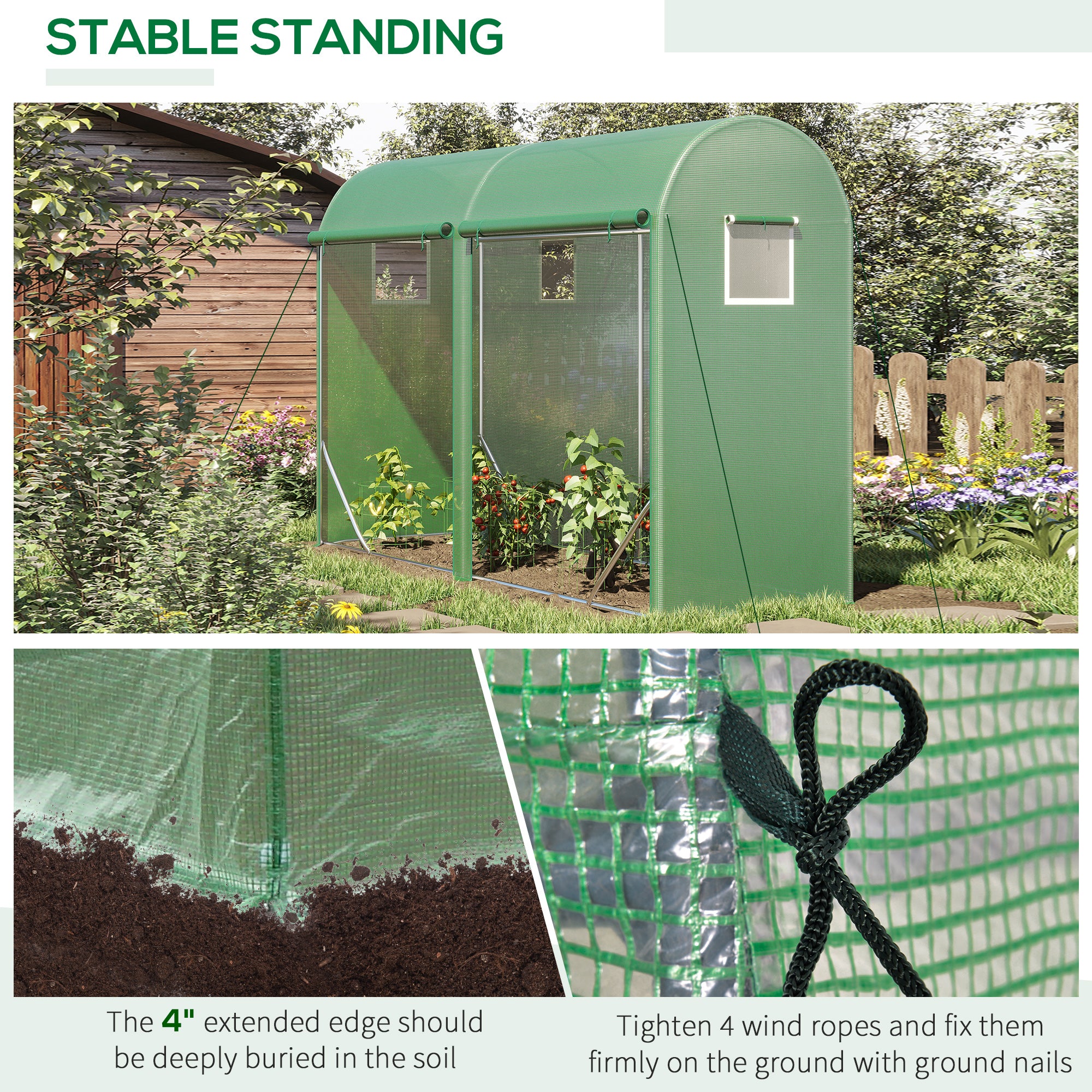 10' x 3' x 7' Walk-in Lean-to Greenhouse, Steel, 4 Zipper Roll-up Windows & 2 Doors, UV Protecting PE Cover for Growing Flowers, Vegetables, Tropical Plants, Saplings, Succulents, Green