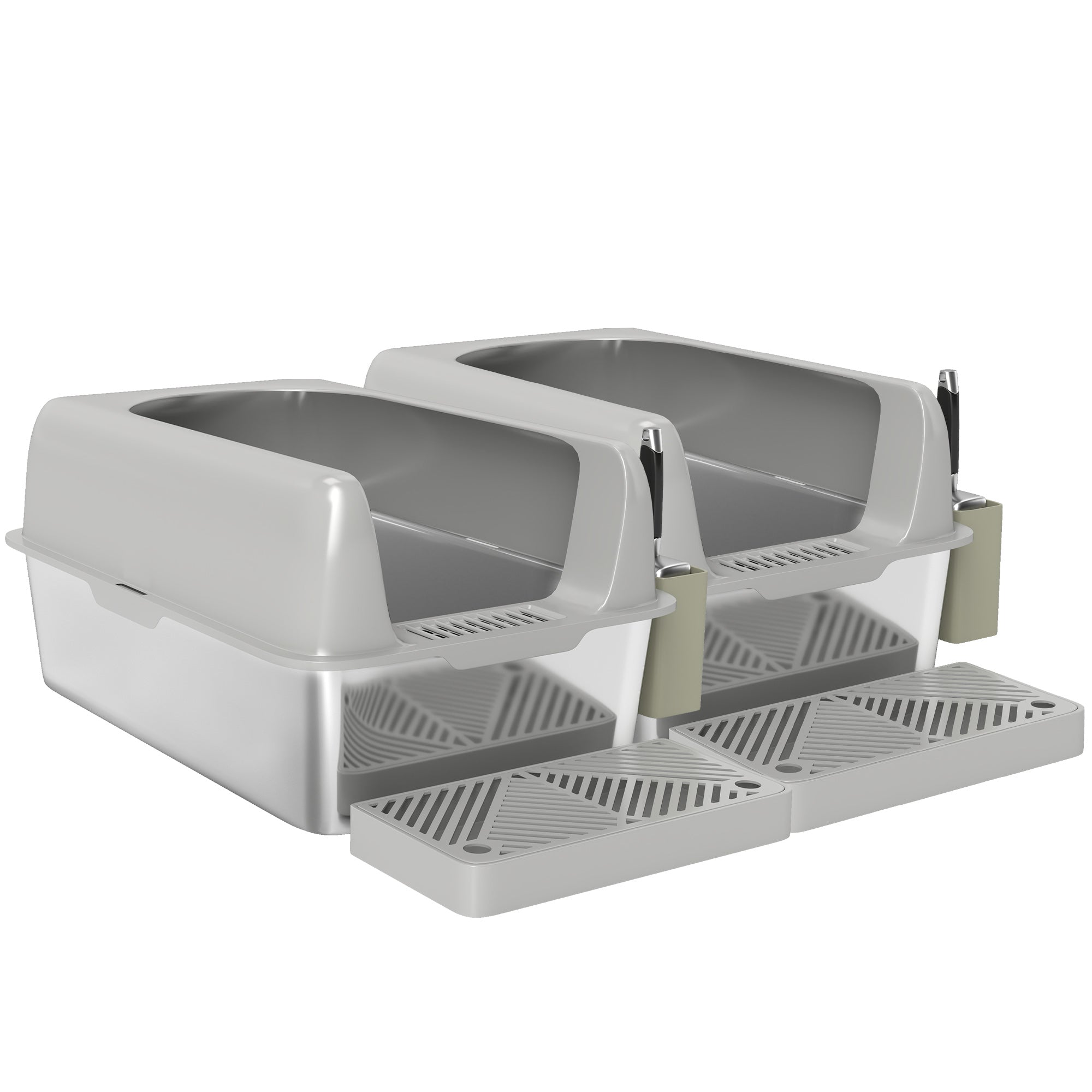 2 Pack High Sided Stainless Steel Litter Box with Metal Scoop & Scoop Holder, for Anti-Urine Leakage, Light Gray