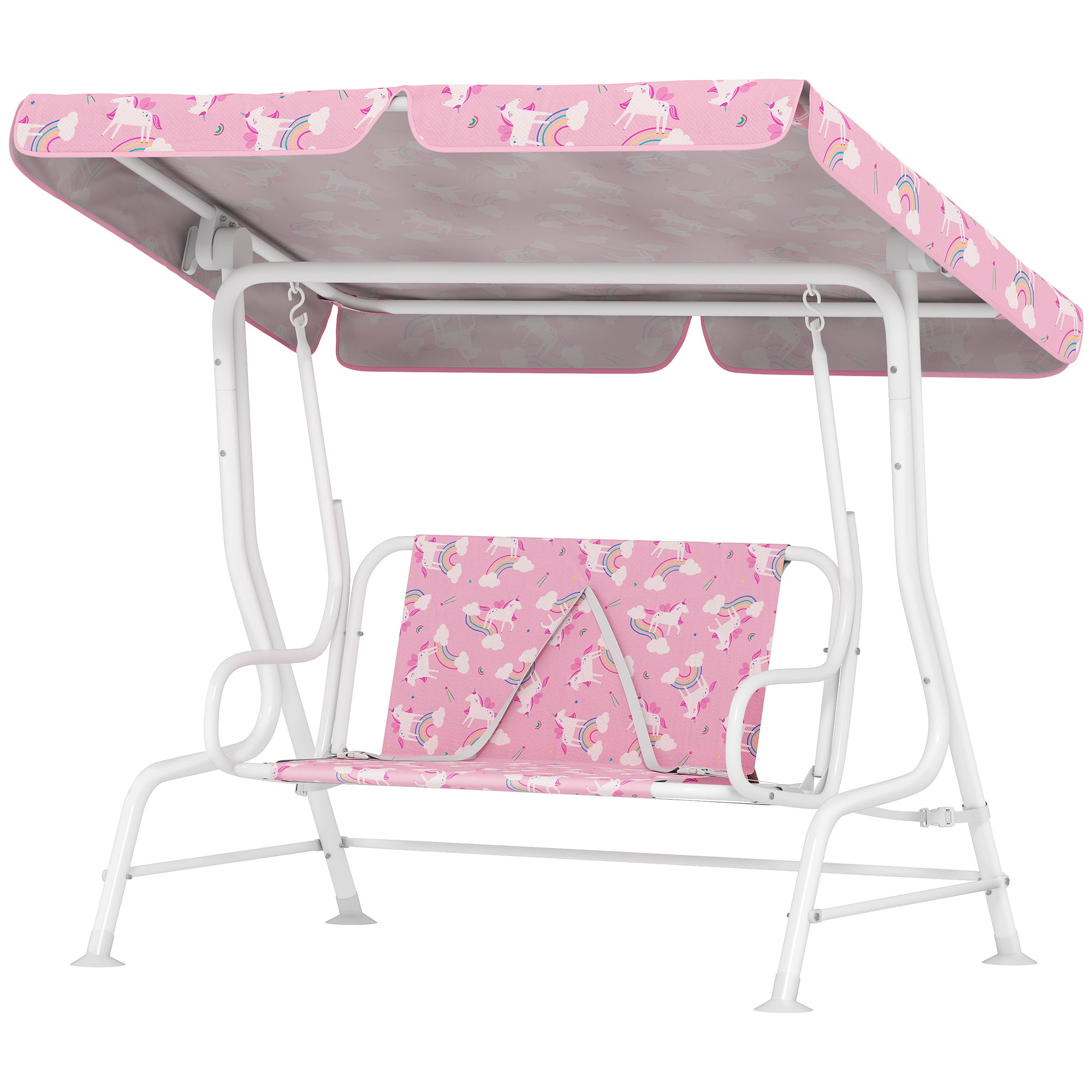 Kids Porch Swing, 2-Seater Patio Swing Bench with Safety Belts, Adjustable Canopy for Backyard, Garden, Pink