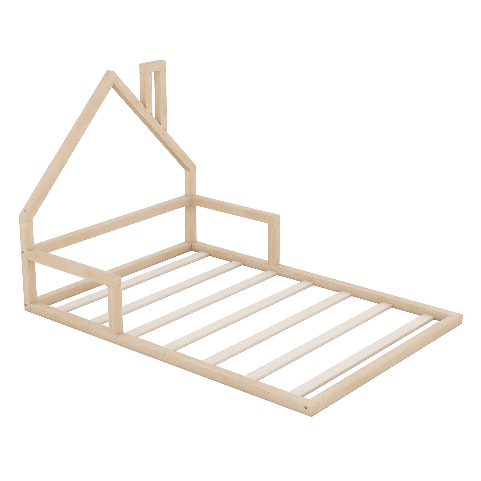 Full Size Wood Floor Bed with House-Shaped Headboard, Sturdy Pine Wood Construction, Easy Assembly, 78" L x 56.5" W x 46.5" H, Natural