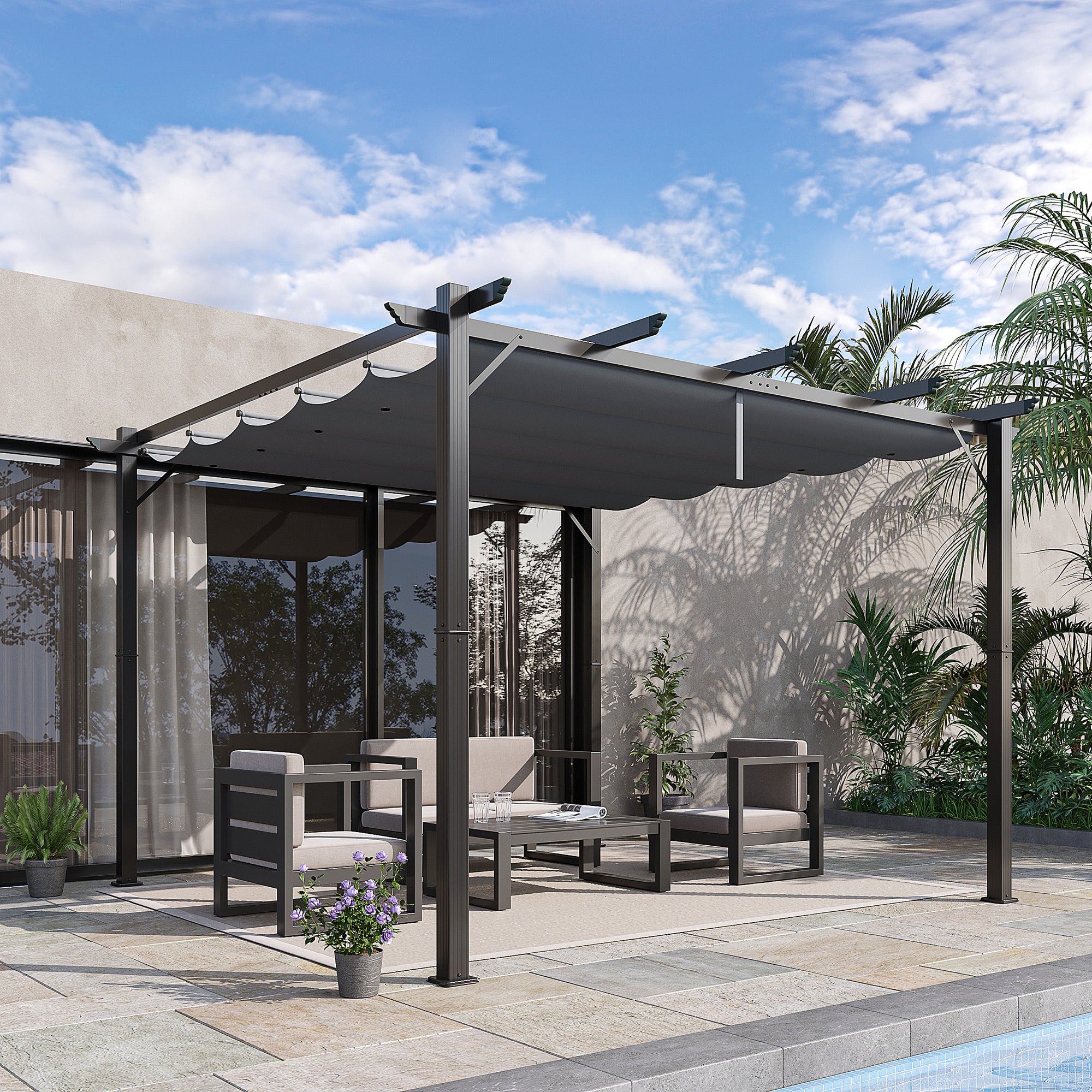 10' x 10' Outdoor Retractable Pergola Canopy, Aluminum Patio Pergola, Backyard Shade Shelter for Garden & Parties, Gray