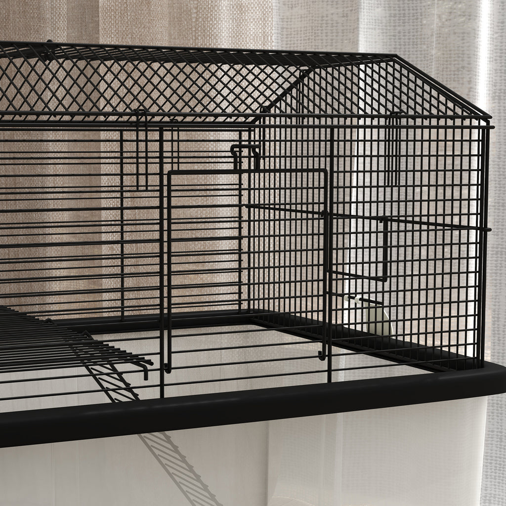 22" 2-Tier Hamster Cage with Extra-Deep 14" Base, Small Animal Cage with Ramp, Water Bottle, Food Dish, Wheels, Black