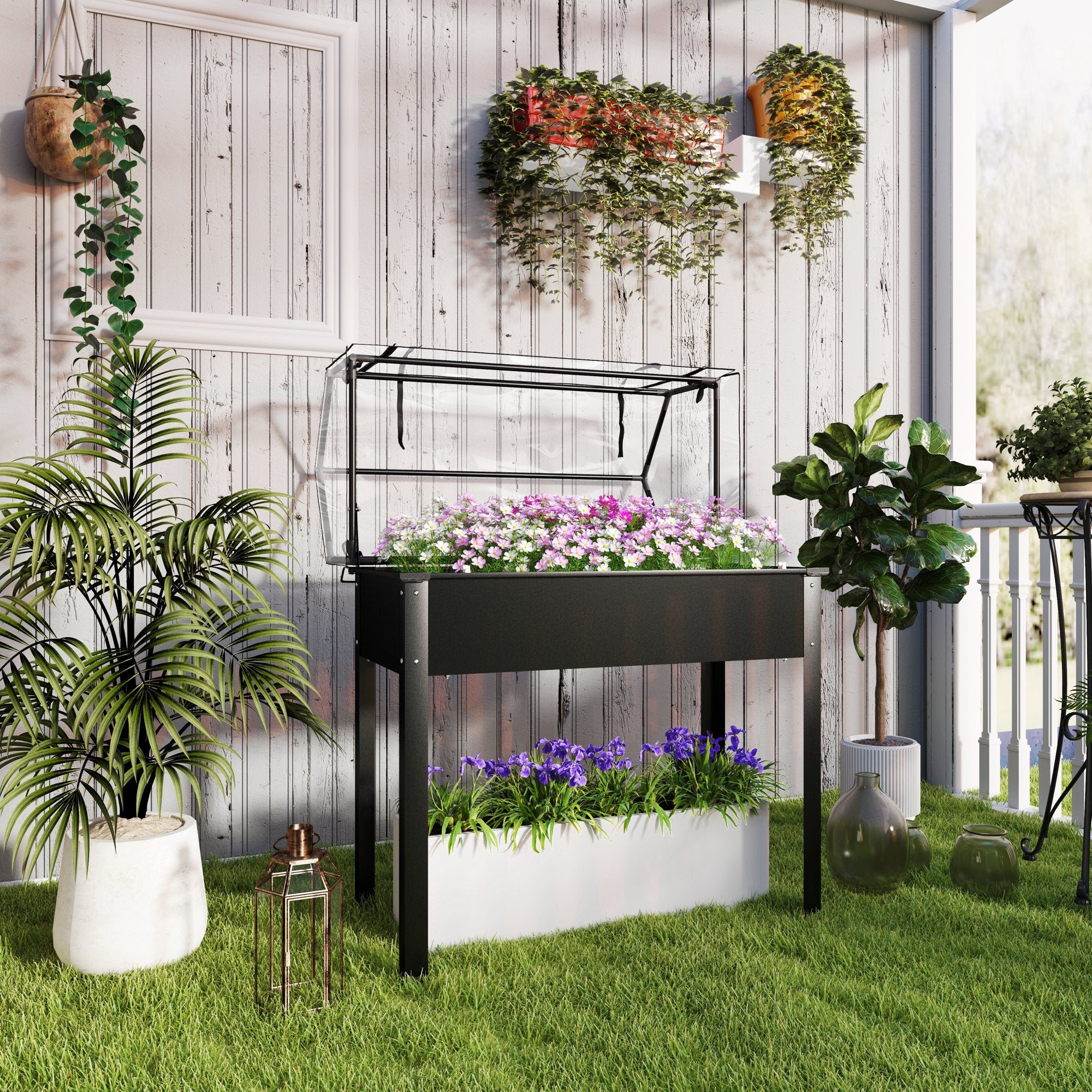 Elevated Garden Box with Greenhouse Cover, Raised Garden Bed with Legs and Drainage Hole for Vegetables, Black