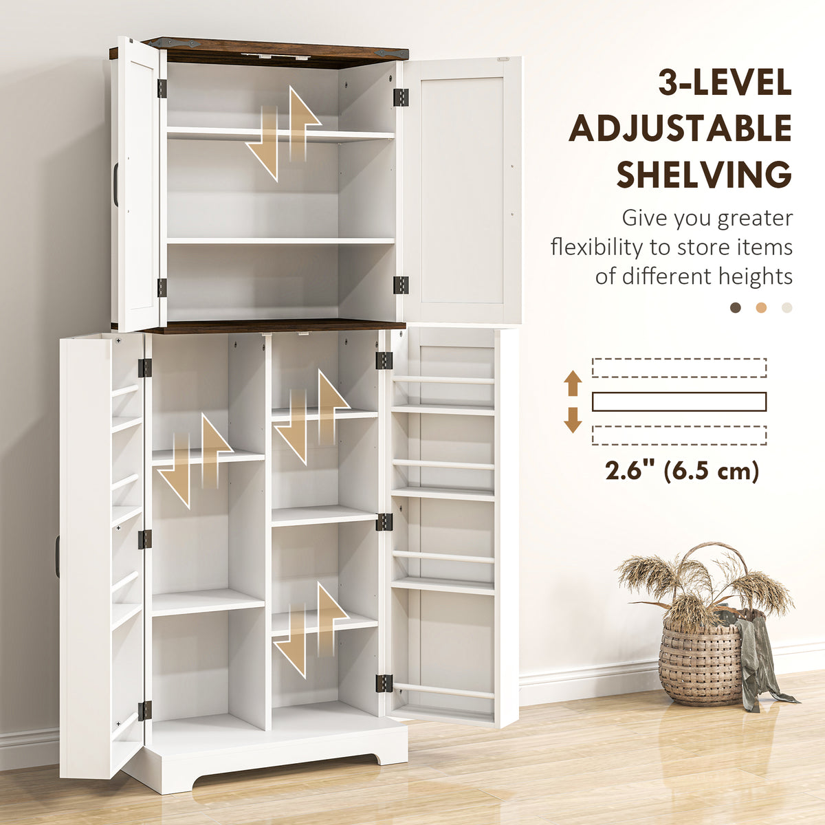 64" Tall Kitchen Pantry Cabinet with Motion Sensor Light, Spice Racks and Adjustable Shelves, White