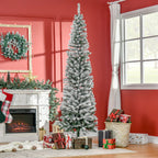 7.5ft Flocked Christmas Tree, Pencil Artificial Xmas Tree with Faux Snow, Dense Branches, Foldable Metal Base for Indoor Holiday Decor