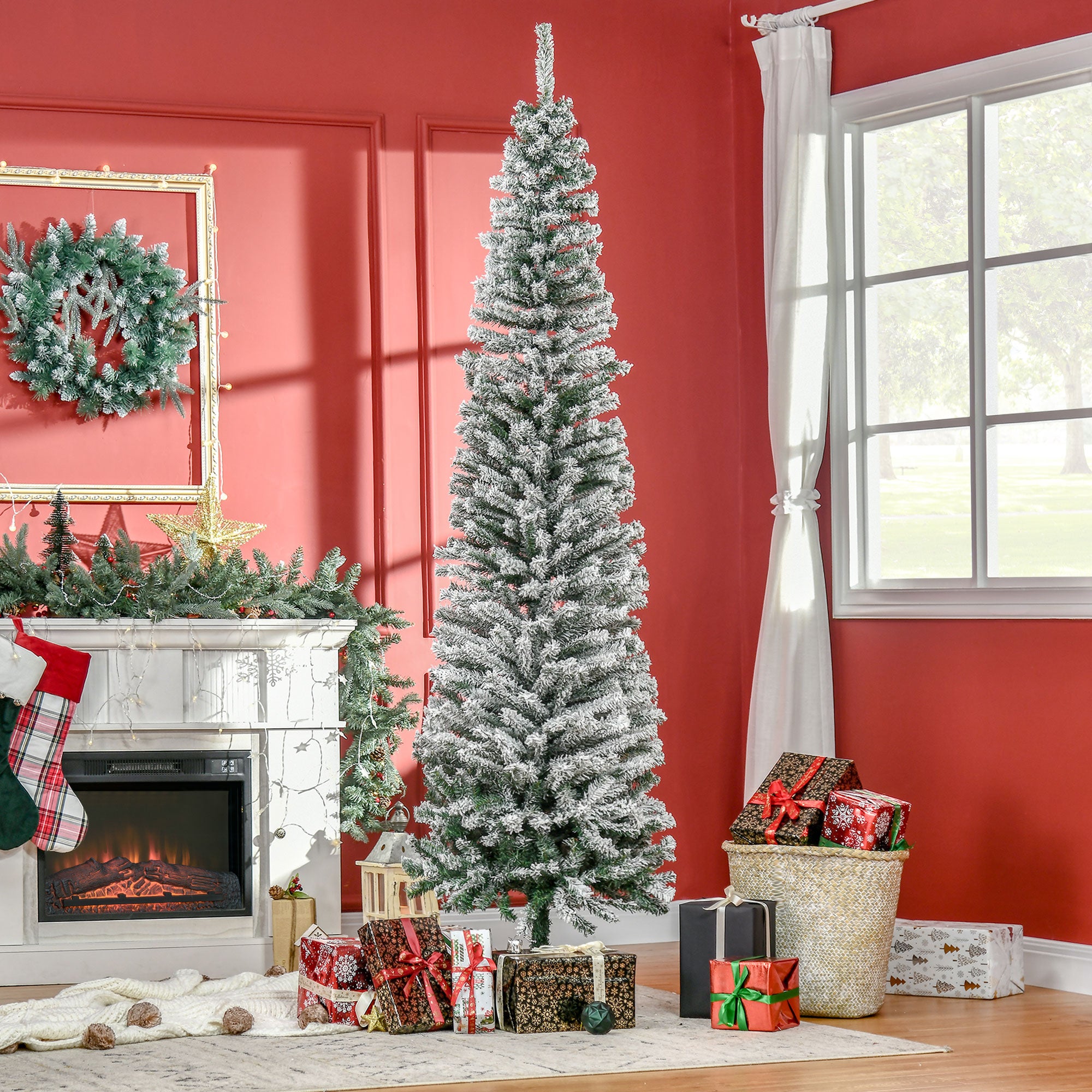 7.5ft Flocked Christmas Tree, Pencil Artificial Xmas Tree with Faux Snow, Dense Branches, Foldable Metal Base for Indoor Holiday Decor