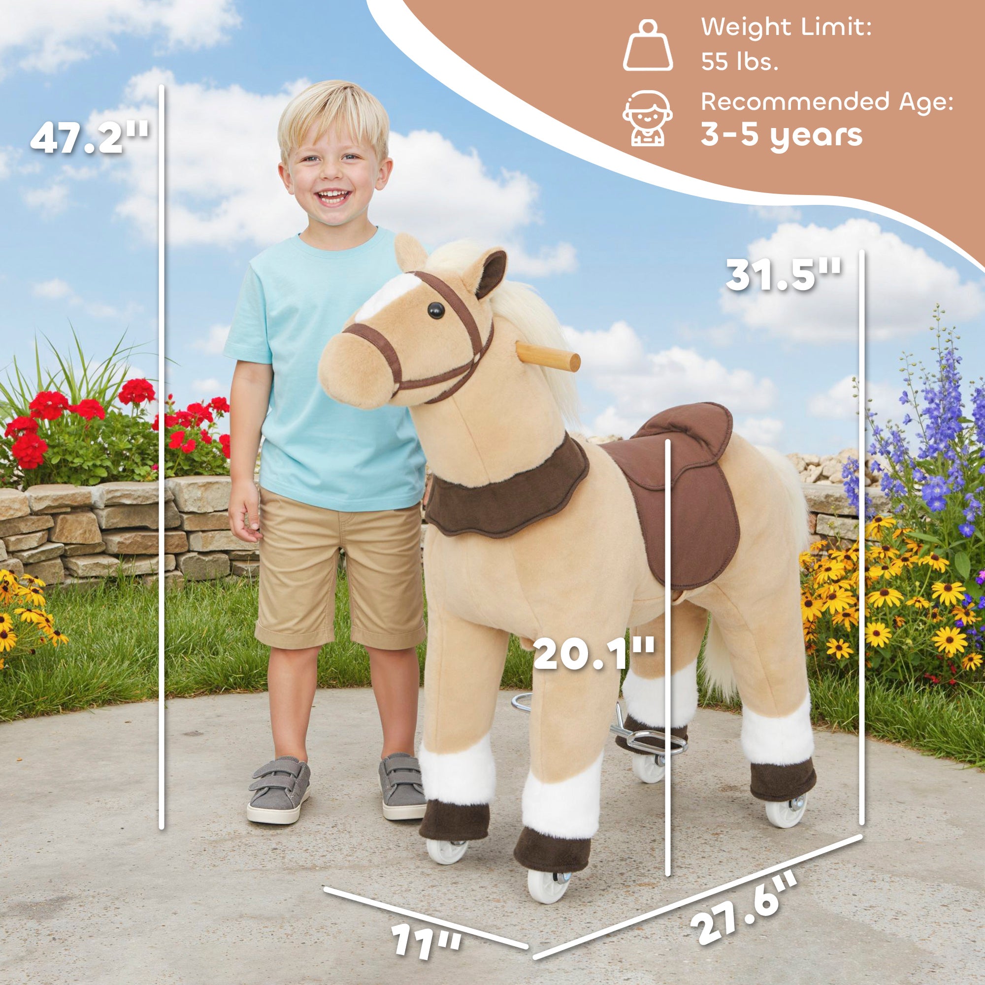Ride on Horse, Plush Riding Pony for Ages 3-5, Walking Horse Animal with Wheels for Active Play, Brown