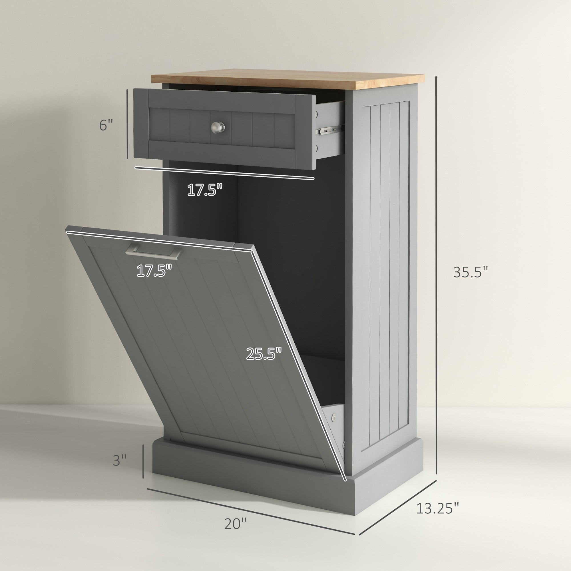 10 Gallon Tilt Out Trash Cabinet, Wooden Hidden Trash Can with Storage Drawer for Kitchen, Laundry Hamper Cabinet for Bathroom, Gray