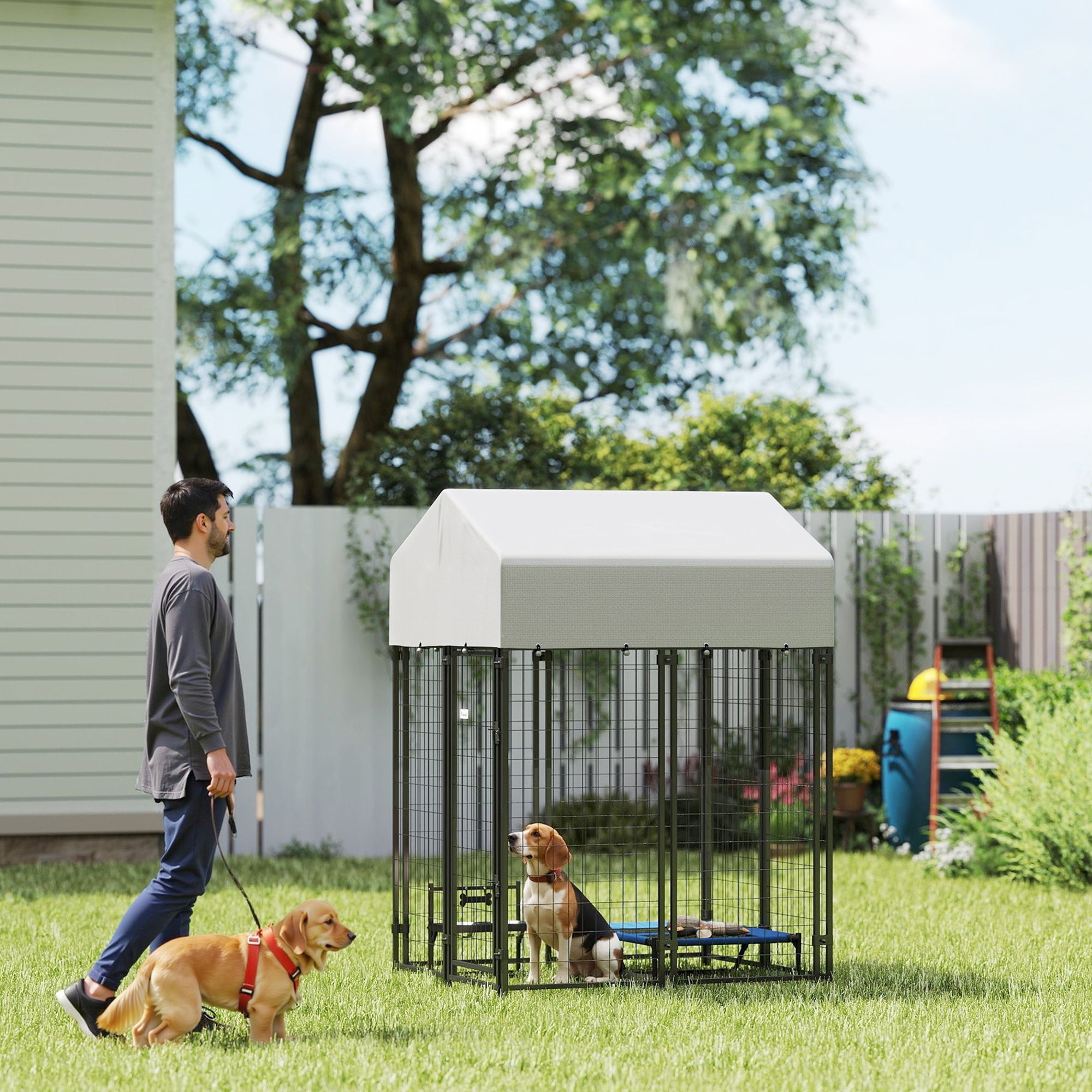 Outdoor Dog Kennel with Roof, 4' x 4' x 6' Heavy Duty Welded Wire Dog Playpen Enclosure with Escape-proof Lock