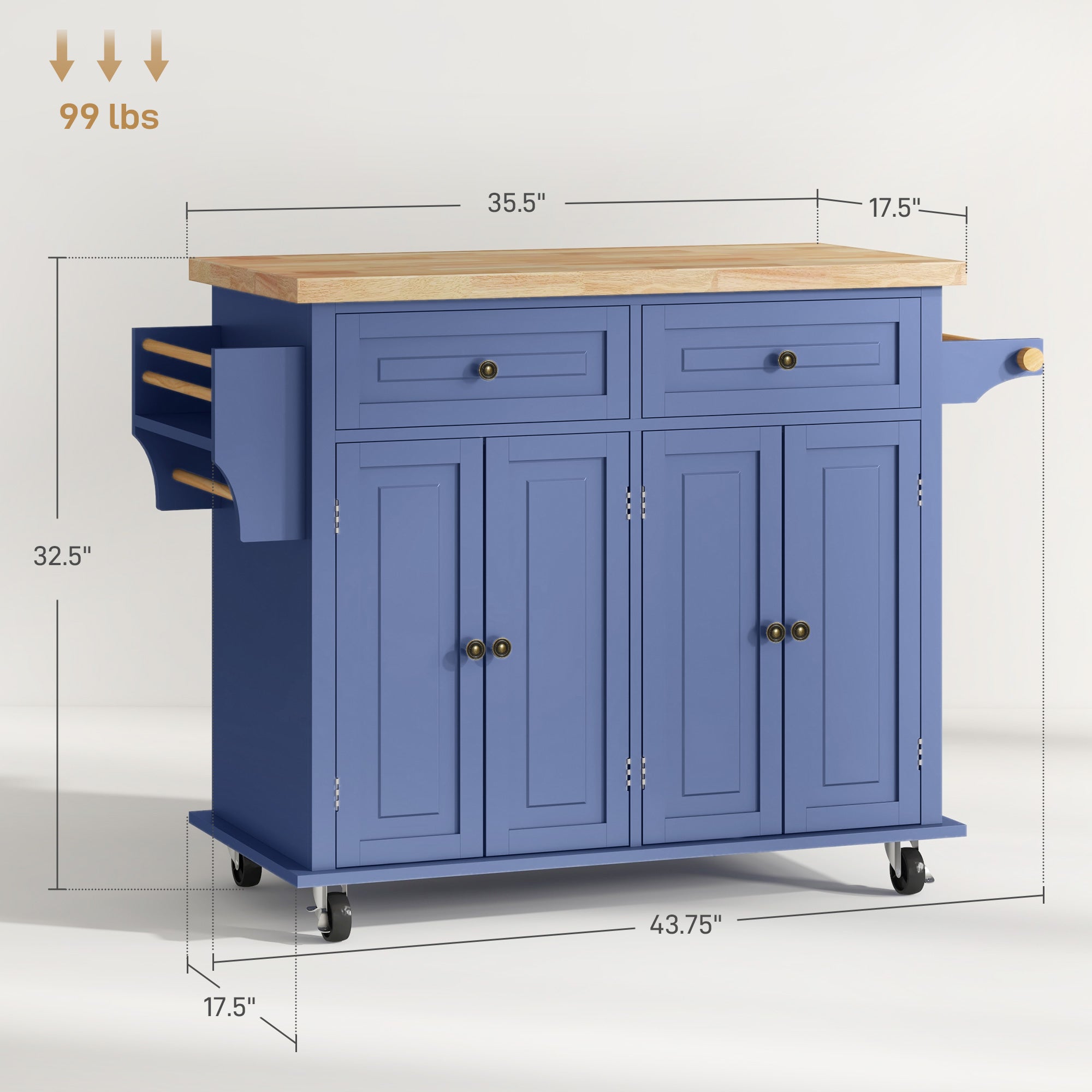 Kitchen Island on Wheels, Rolling Cart with Rubberwood Top, Spice Rack, Towel Rack and Drawers, Navy Blue