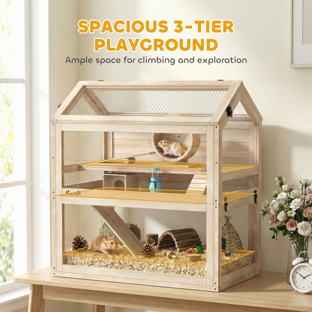 Wooden Hamster Cage, 3-Tier Small Animal Cage with Hut, Seesaw, Ramps, Exercise Wheel, Acrylic Panel and Bottom Tray