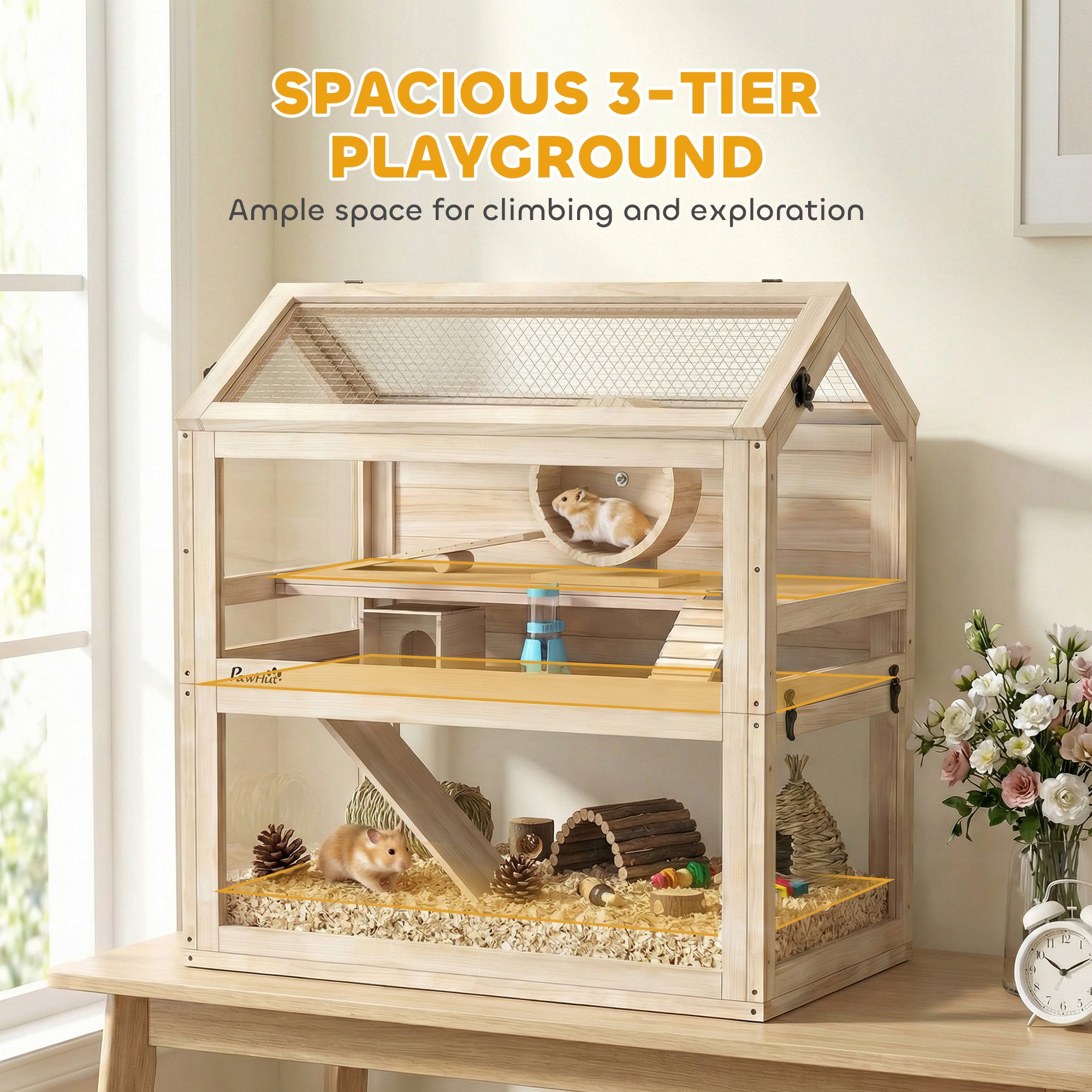 Wooden Hamster Cage, 3-Tier Small Animal Cage with Hut, Seesaw, Ramps, Exercise Wheel, Acrylic Panel and Bottom Tray