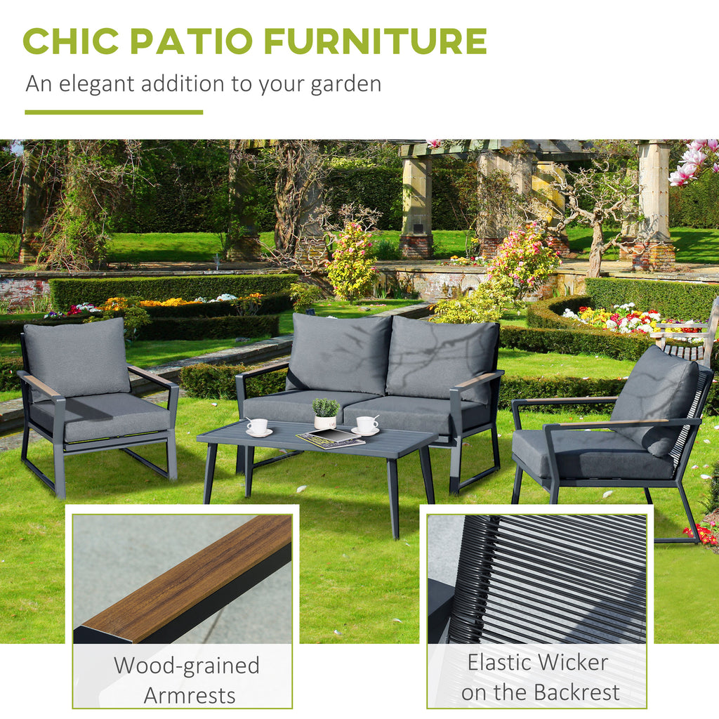 4 Piece Patio Furniture Set, Aluminum Conversation Set, Outdoor Garden Sofa Set with Armchairs, Loveseat, Center Coffee Table and Cushions, Dark Grey