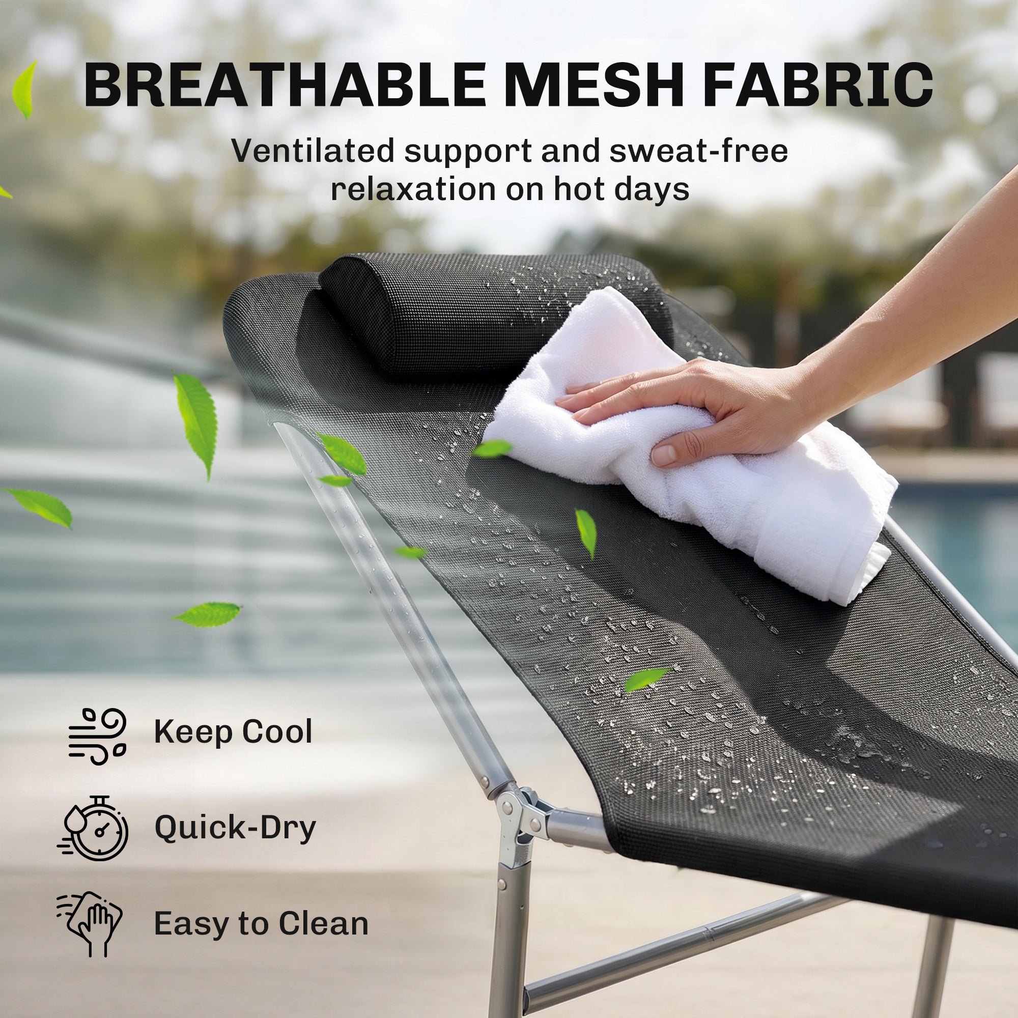 Folding Chaise Lounge Pool Chairs, Outdoor Sun Tanning Chairs with Pillow, Reclining Back, Steel Frame & Breathable Mesh for Beach, Yard, Patio, Black