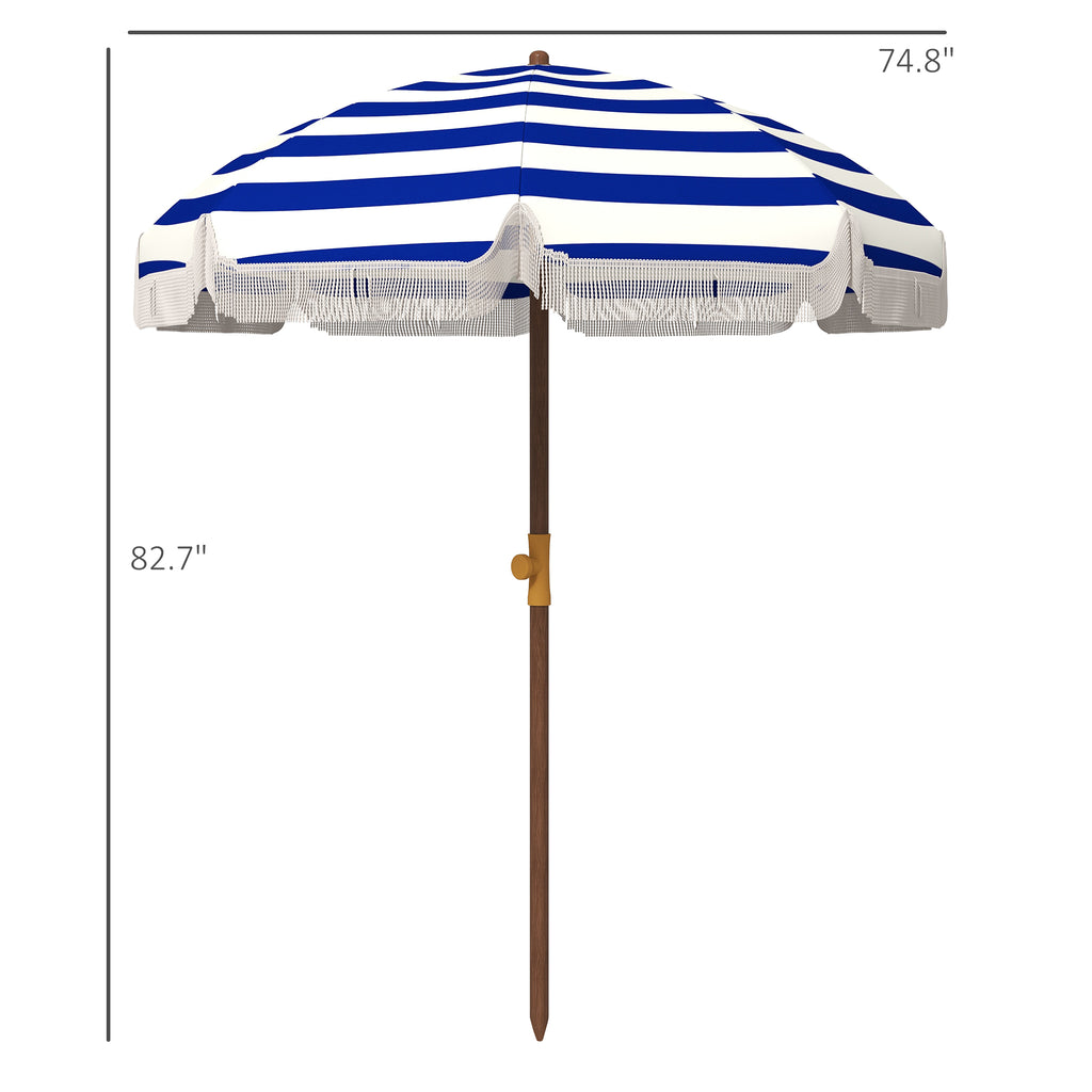 6.2' Beach Umbrella for Travel, Vent, Ruffles, Carry Bag, Portable Outdoor Umbrella for Garden, Blue Stripe
