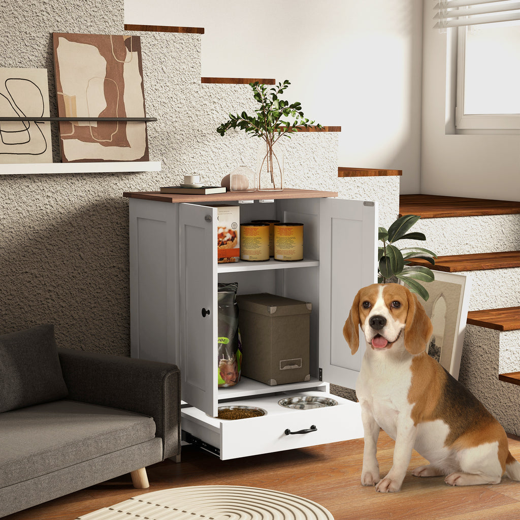 Pet Feeding Station, Dog Food Storage Cabinet w/ Raised Dog Bowls, Adjustable Panel, Hooks for Medium Dogs, White